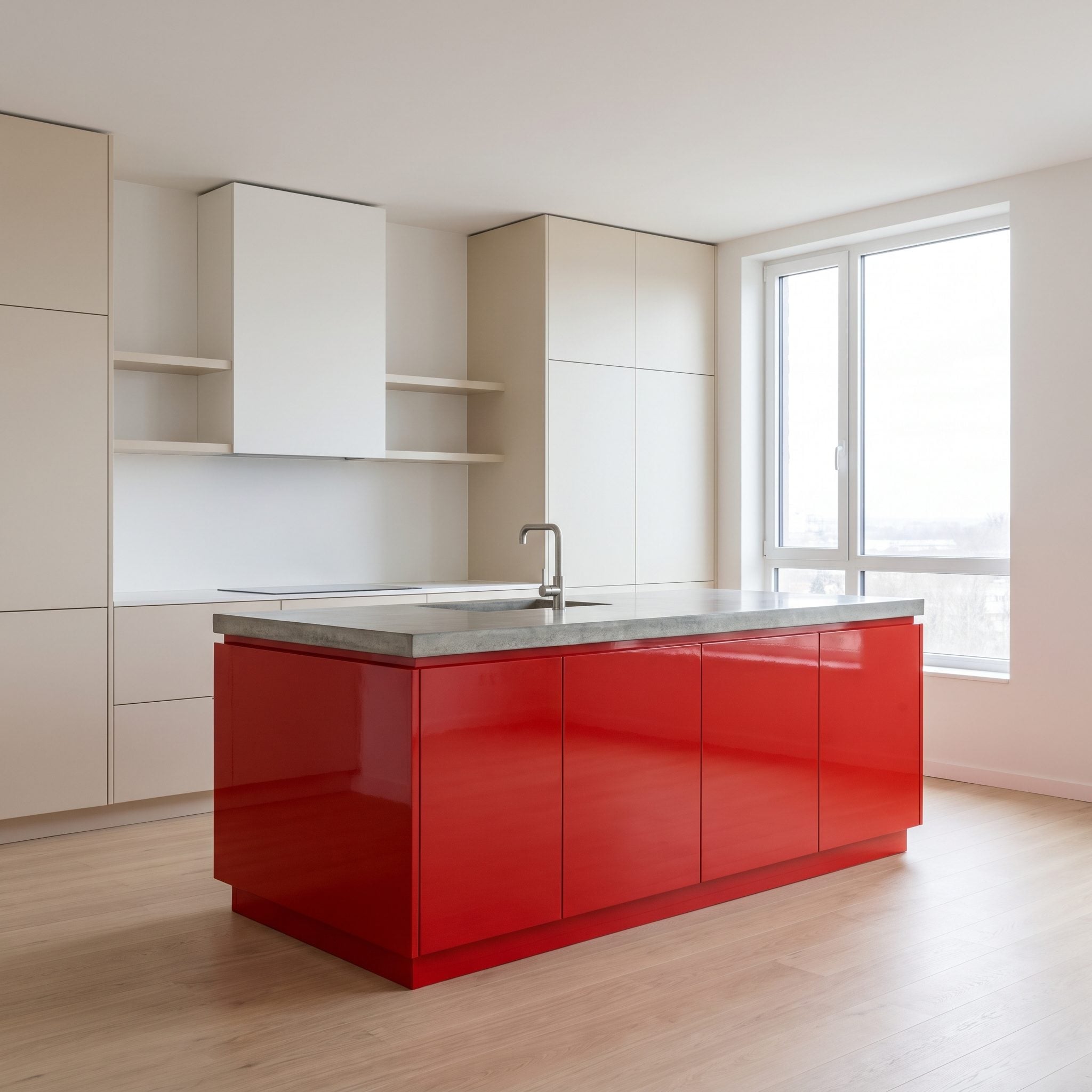 Kitchen island transformation from bright red to muted graphite coordinated with the countertop veining