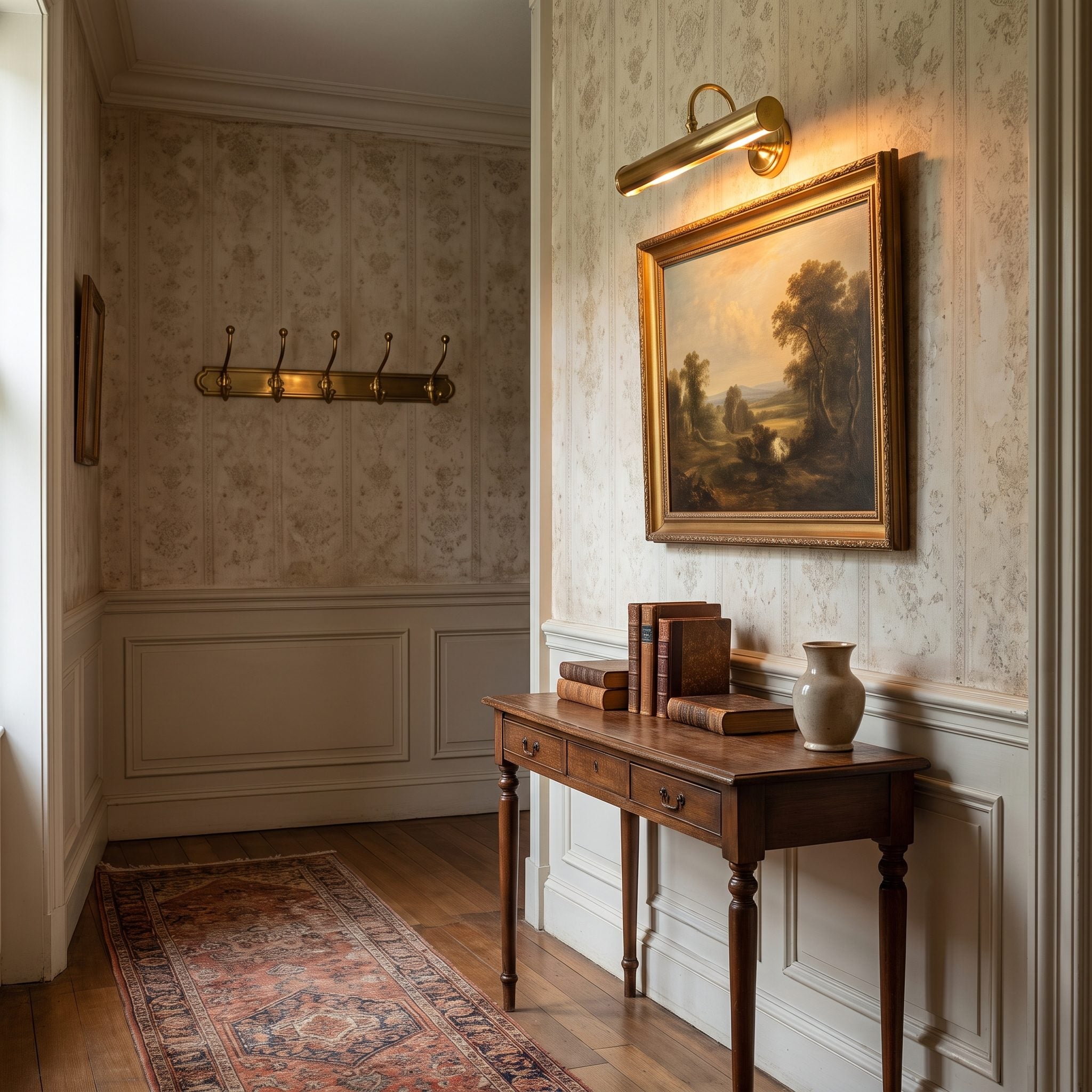 Living room with a brass picture light illuminating artwork above the mantel