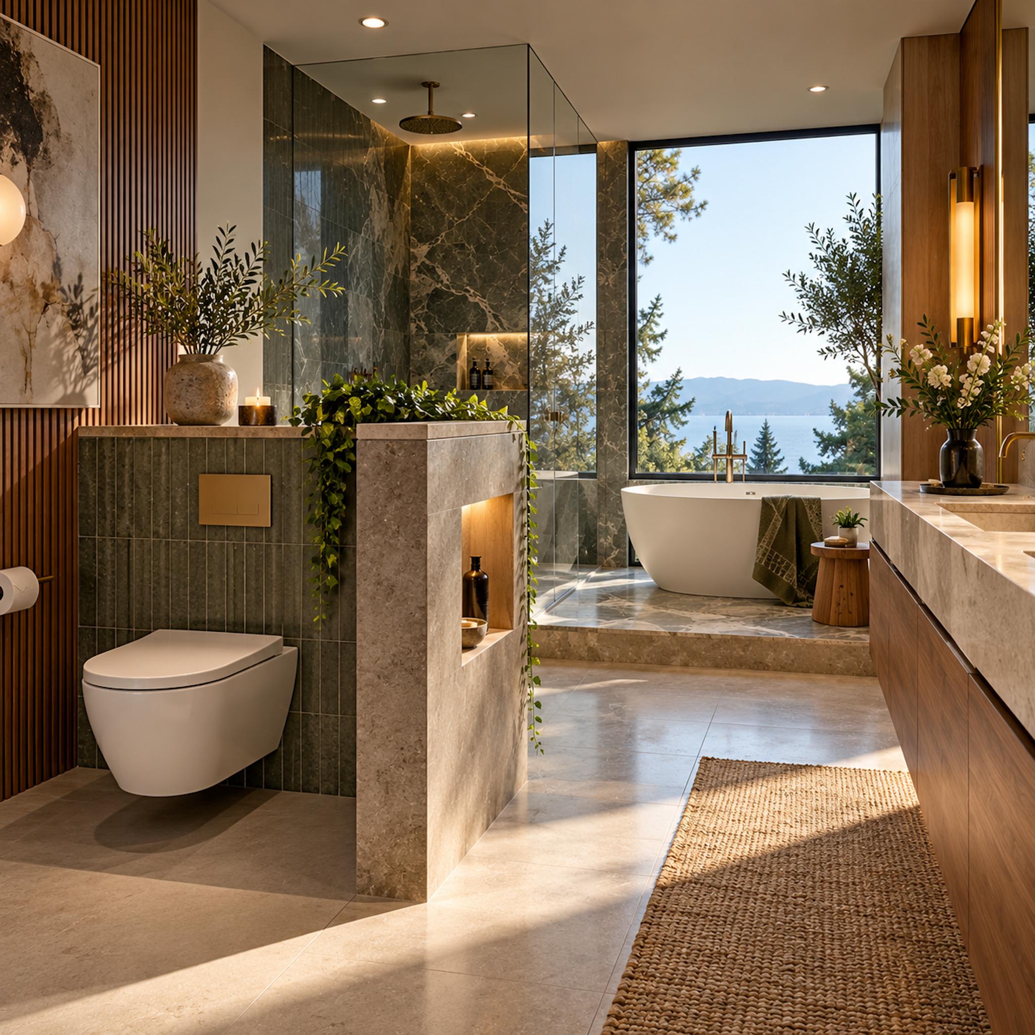 Contemporary bathroom with a wall-hung toilet screened by a half-height partition, freestanding tub and glass shower