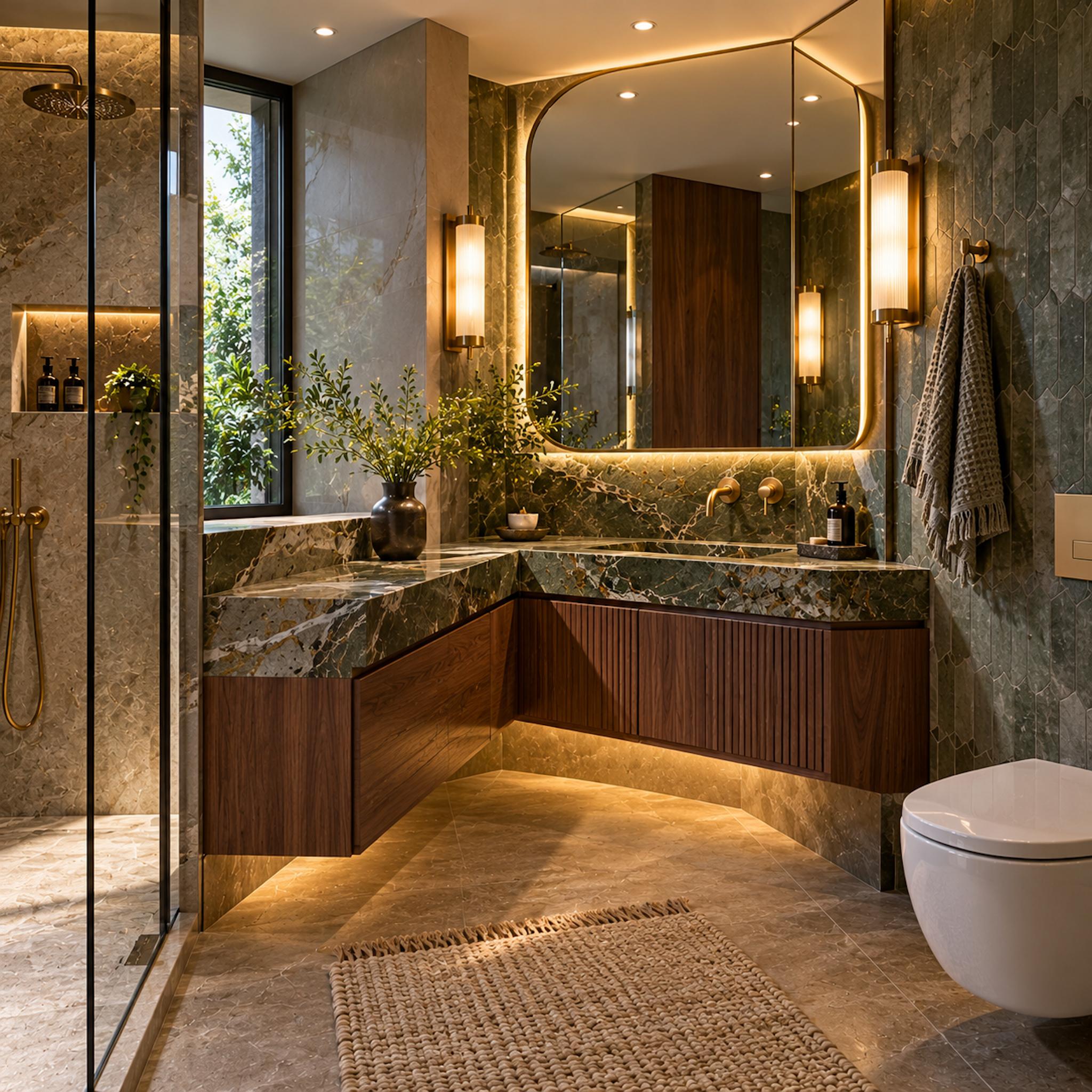Contemporary bathroom with an asymmetrical corner vanity, floating dark wood cabinetry and dramatic green stone