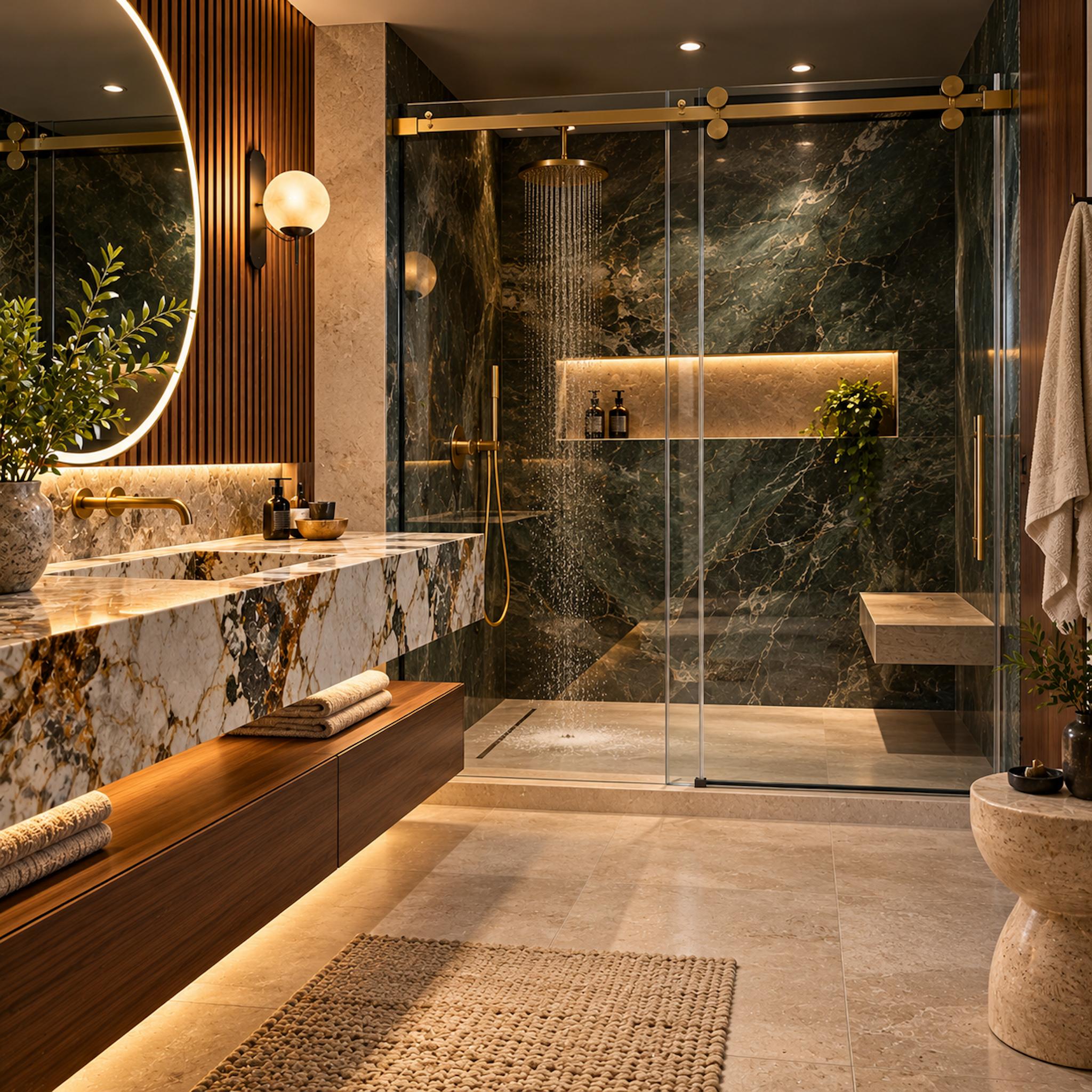 Contemporary bathroom with a brass-tracked sliding glass shower door, dark green stone and a floating wood vanity