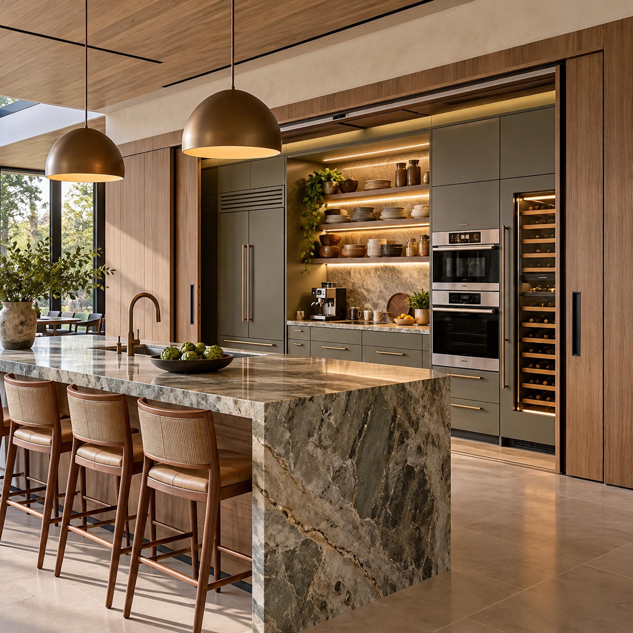 Contemporary kitchen with a pocket-door appliance wall, integrated refrigerator, ovens, wine storage, and stone island