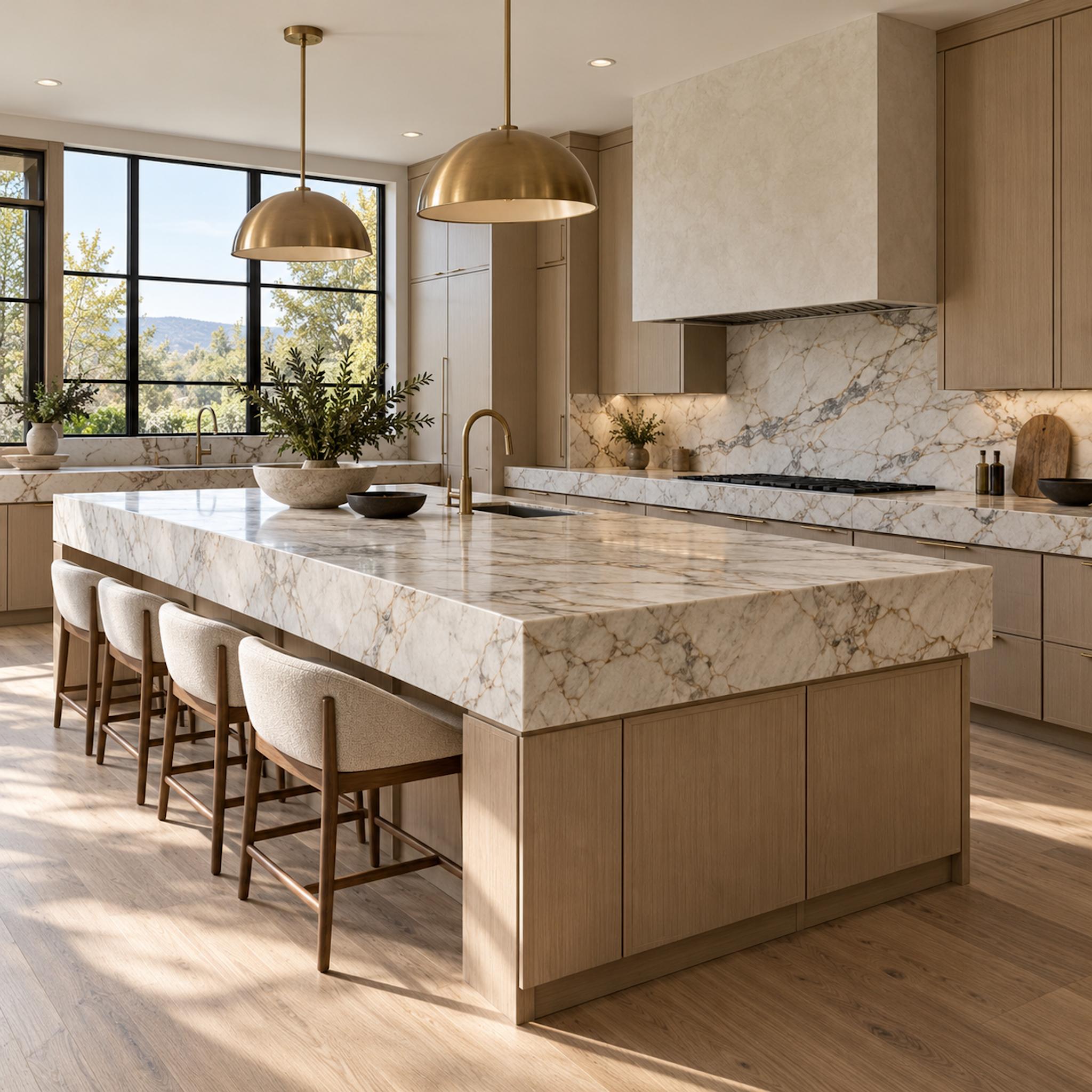 Contemporary light wood kitchen with a substantial mitered stone island edge showing countertop thickness against cabinet proportion