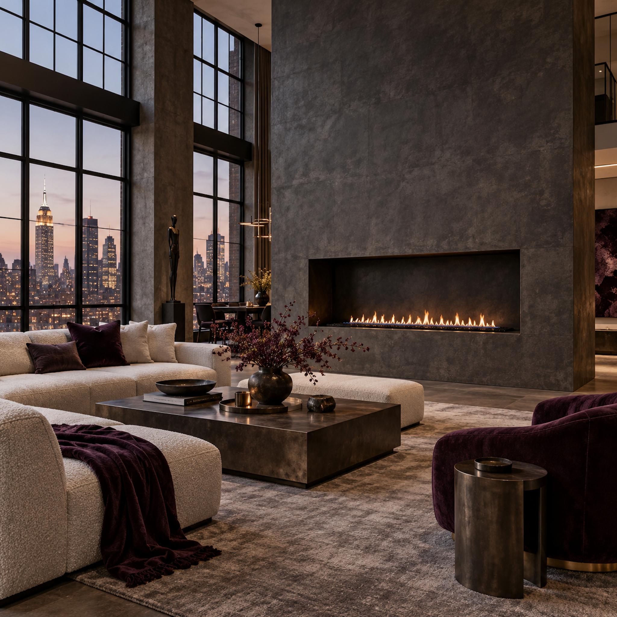 New York loft with a linear gas fireplace cut into a massive charcoal wall