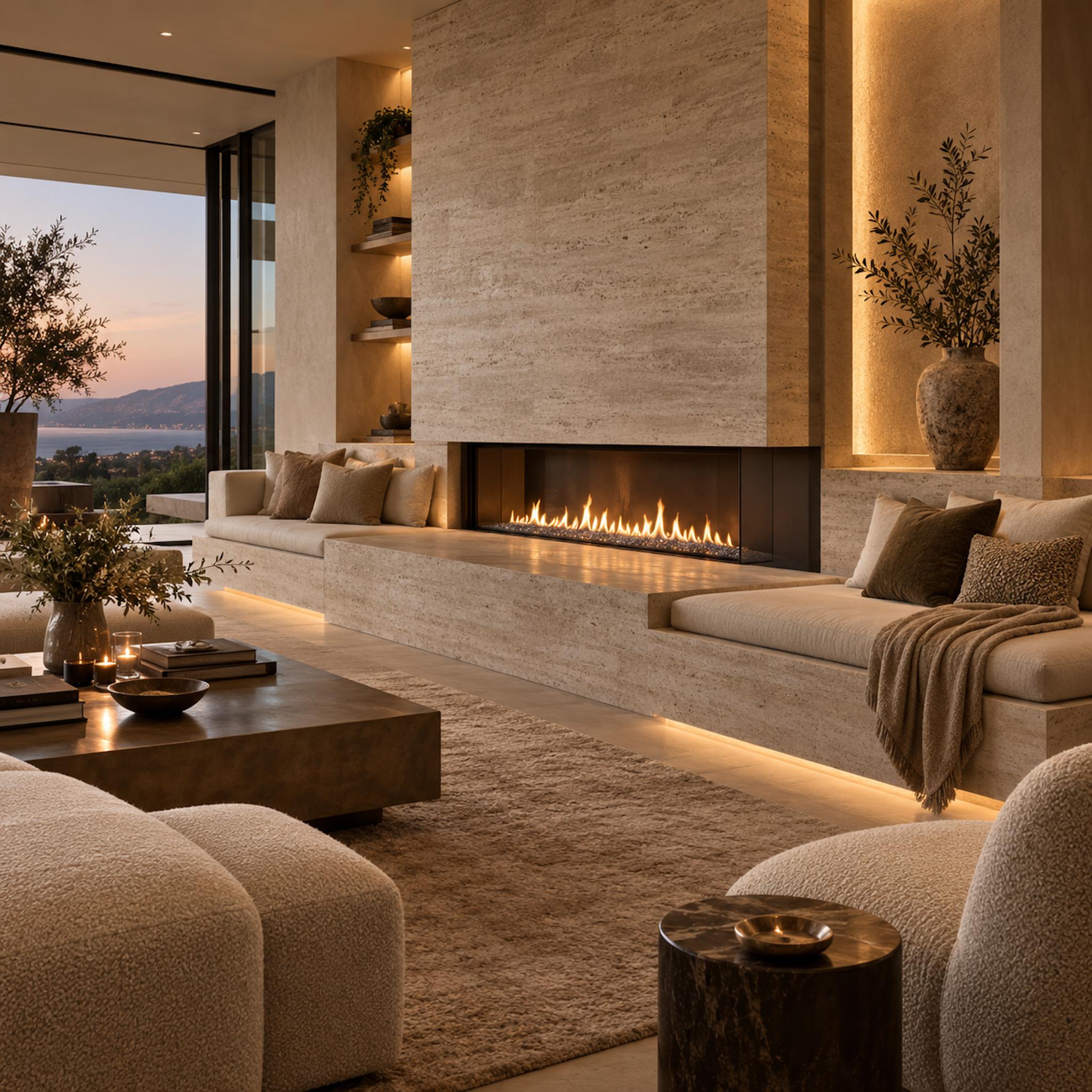 Linear gas fireplace integrated into a long travertine seating bench