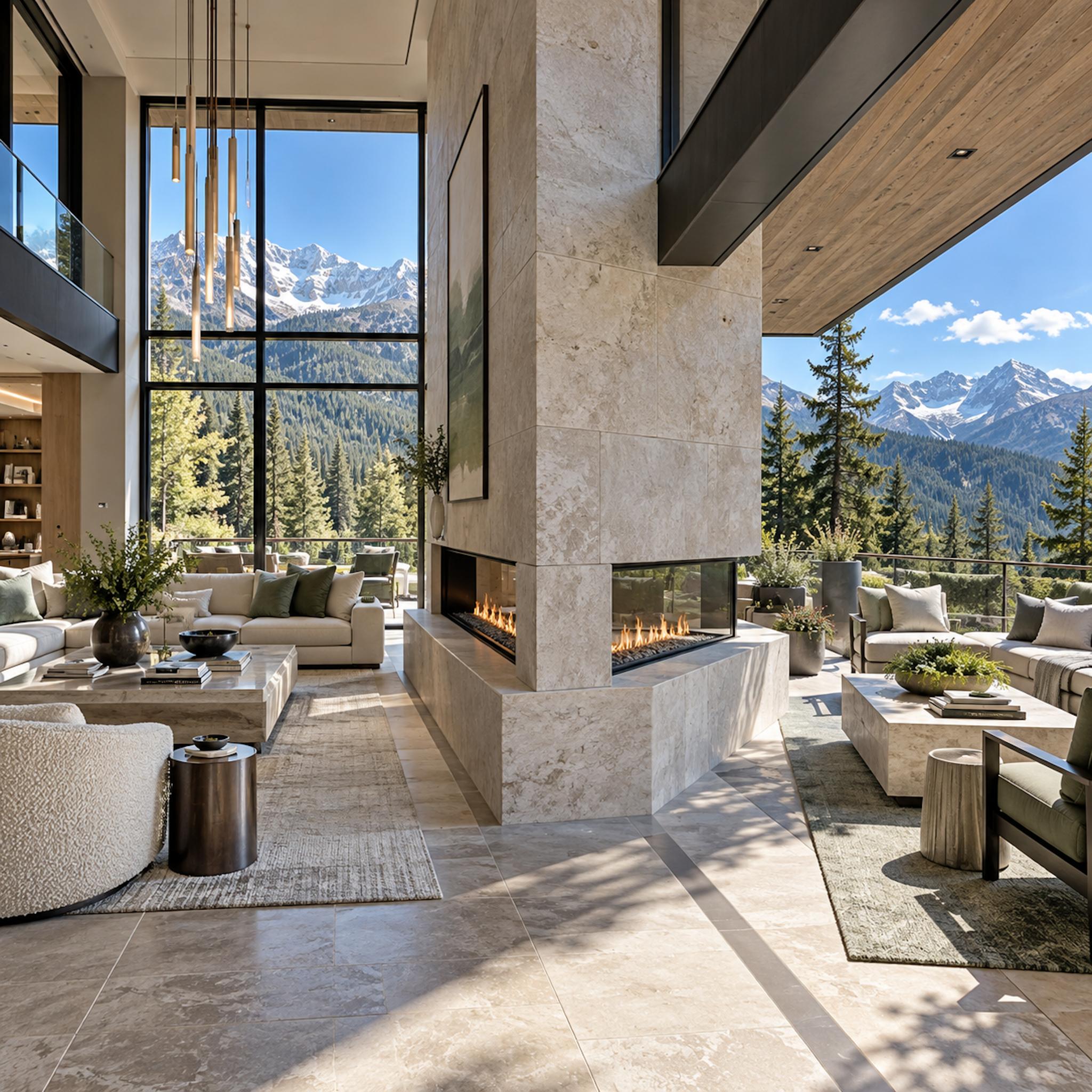 Multi-sided gas fireplace connecting a bright mountain living room and outdoor terrace