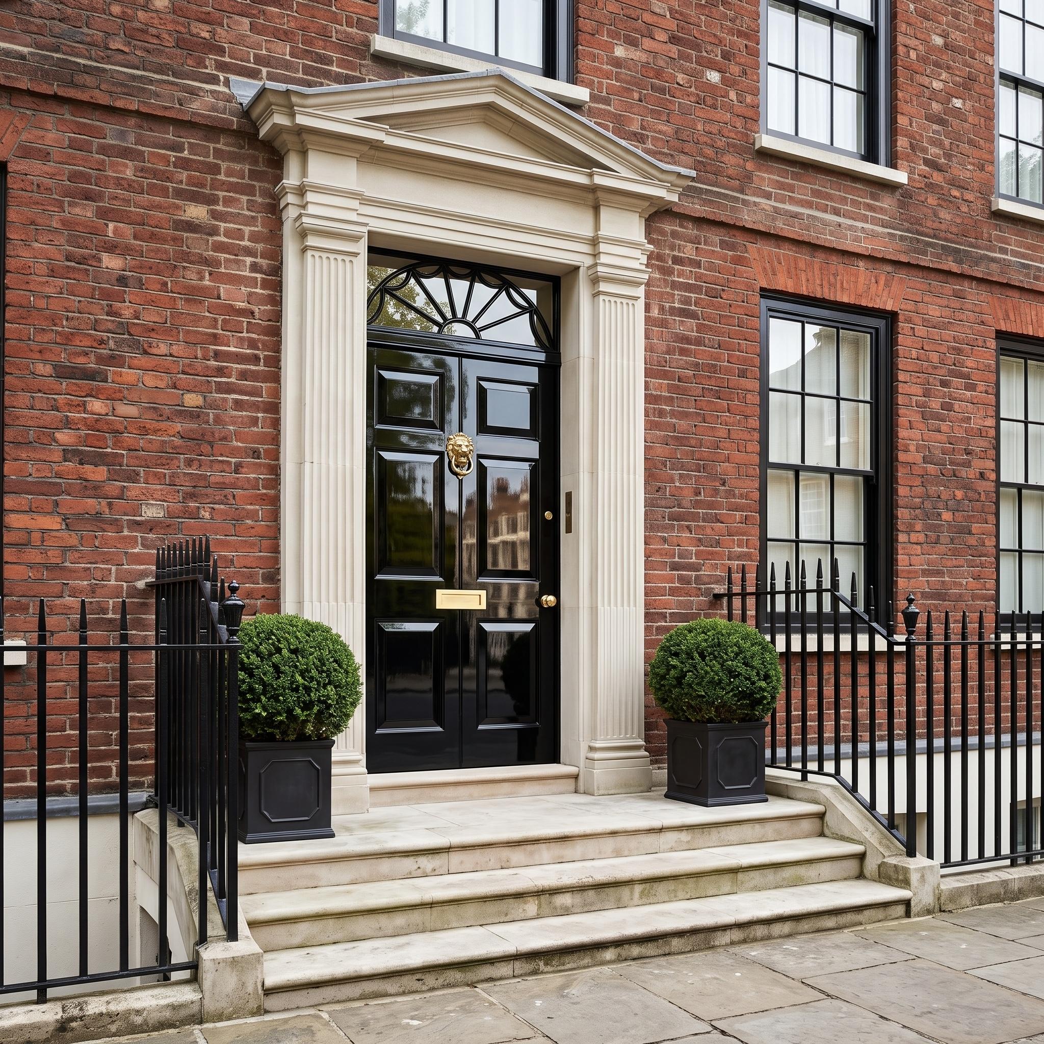 High-gloss black Georgian double doors framed by red brick, limestone pilasters, and brass hardware