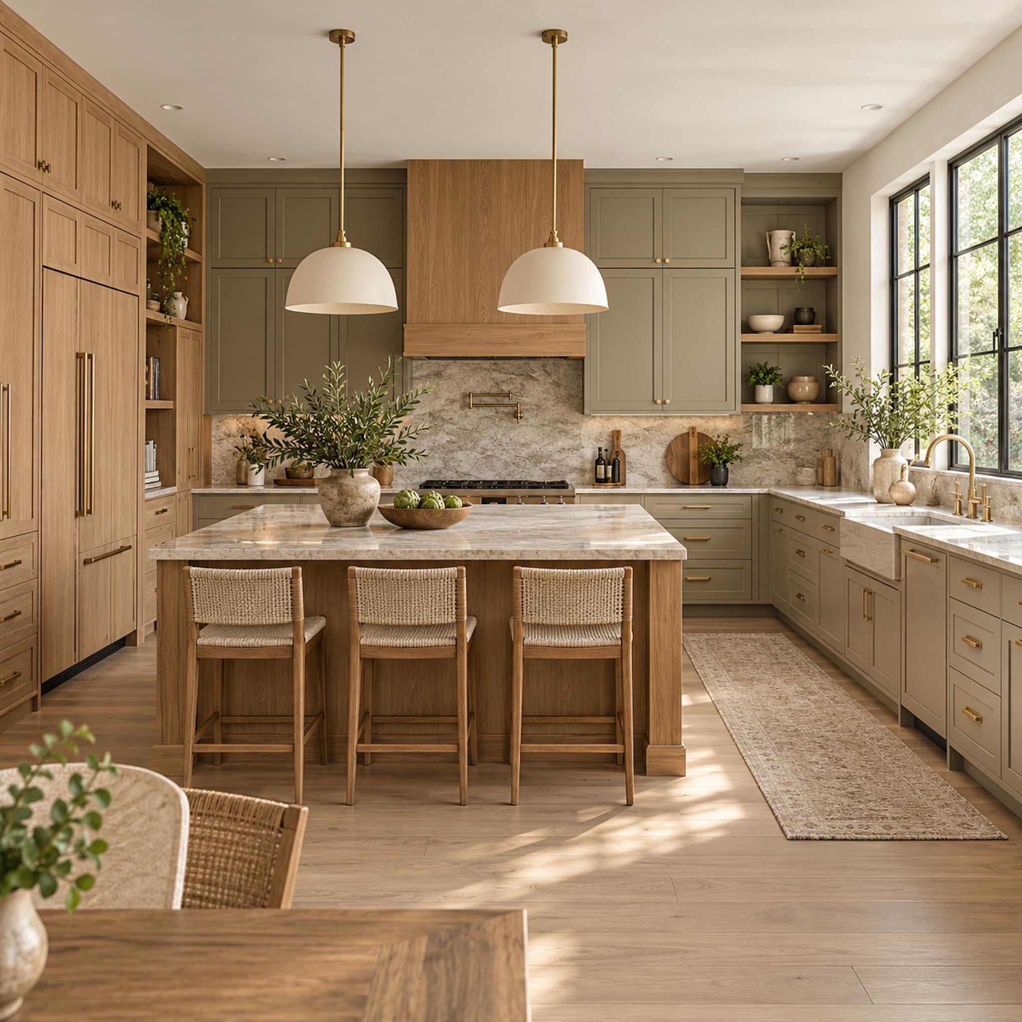 Contemporary kitchen combining painted taupe cabinetry with natural oak tall cabinets, shelving, hood detailing and island millwork