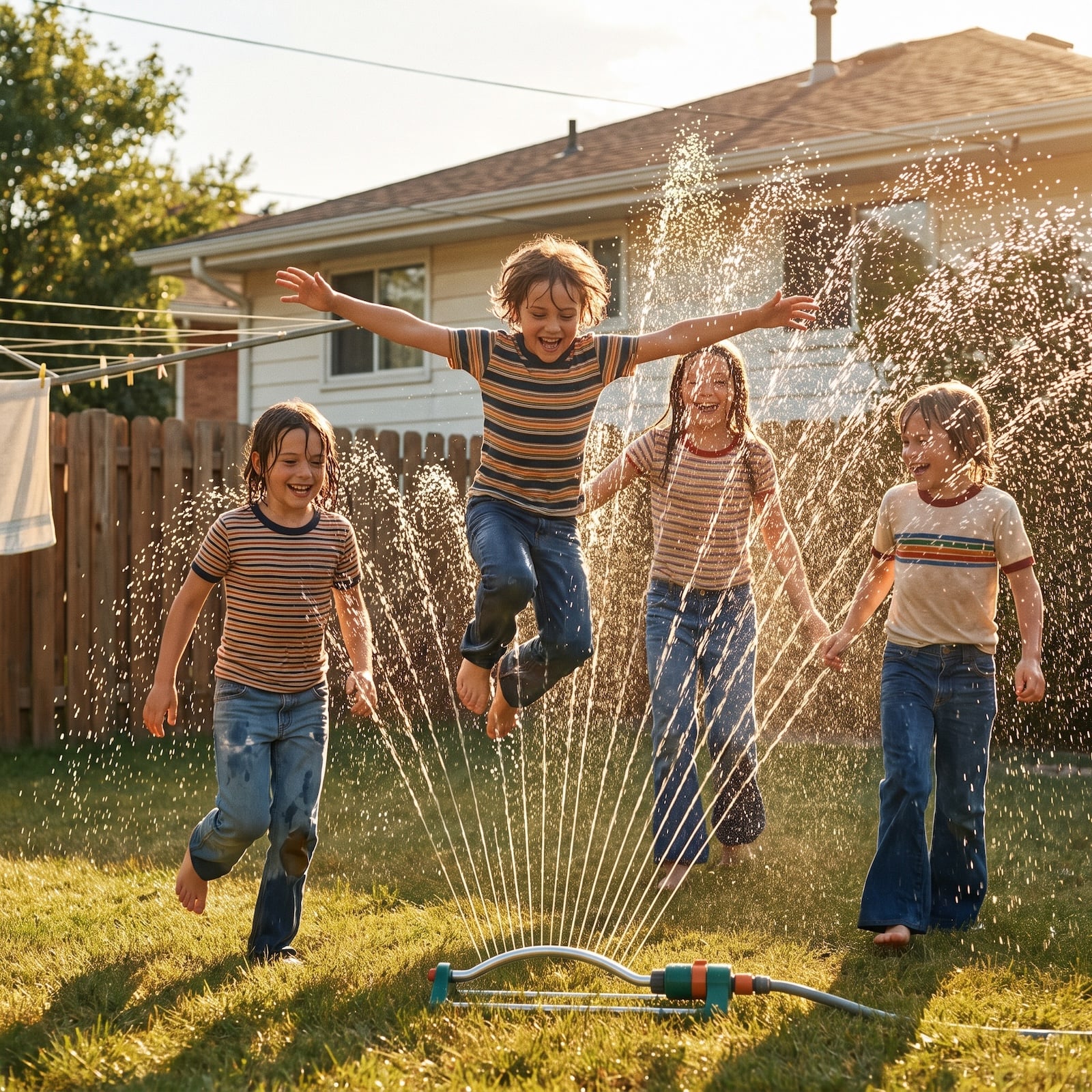 Kids jumping through a backyard sprinkler in ther 1970s.