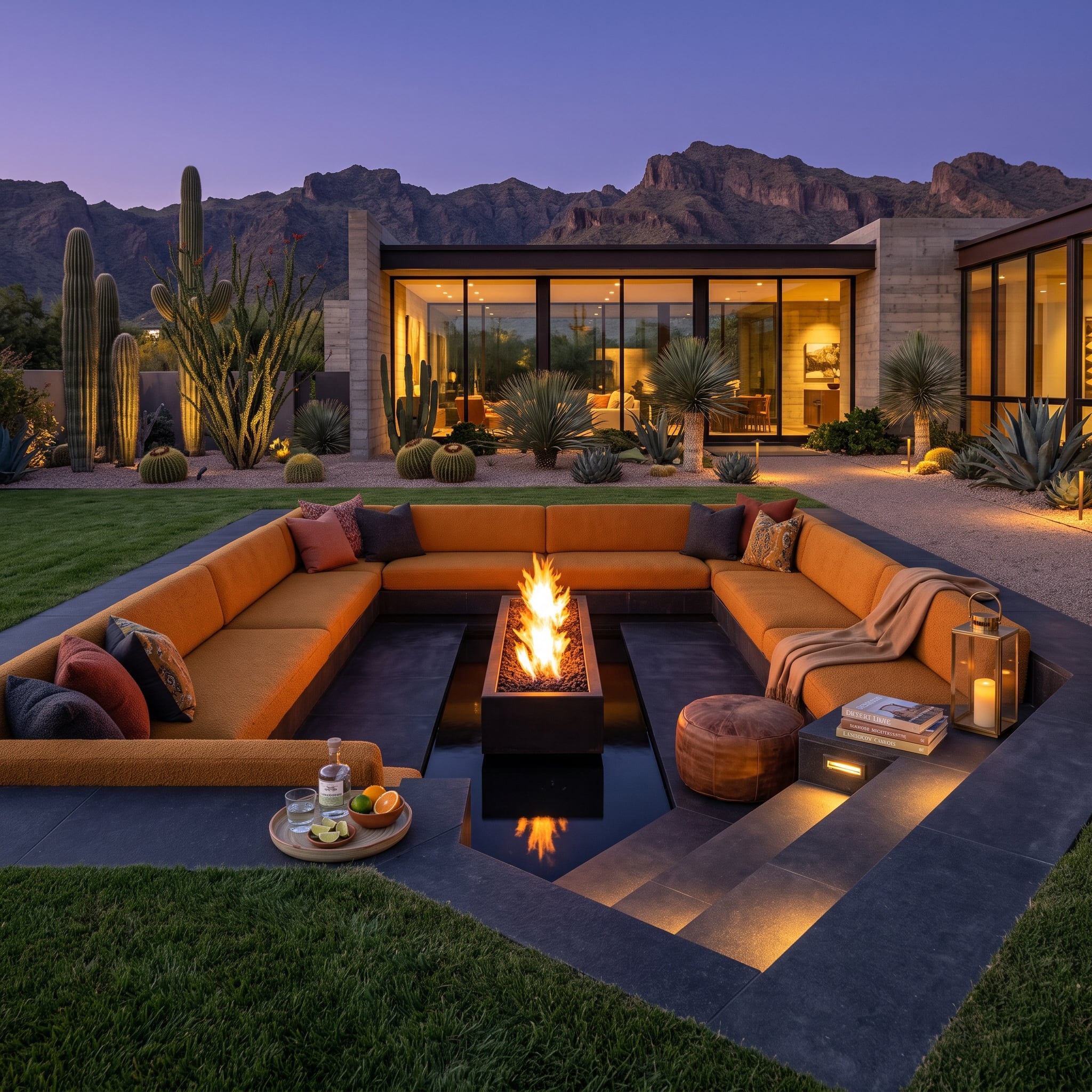 Sunken outdoor fire lounge surrounded by water
