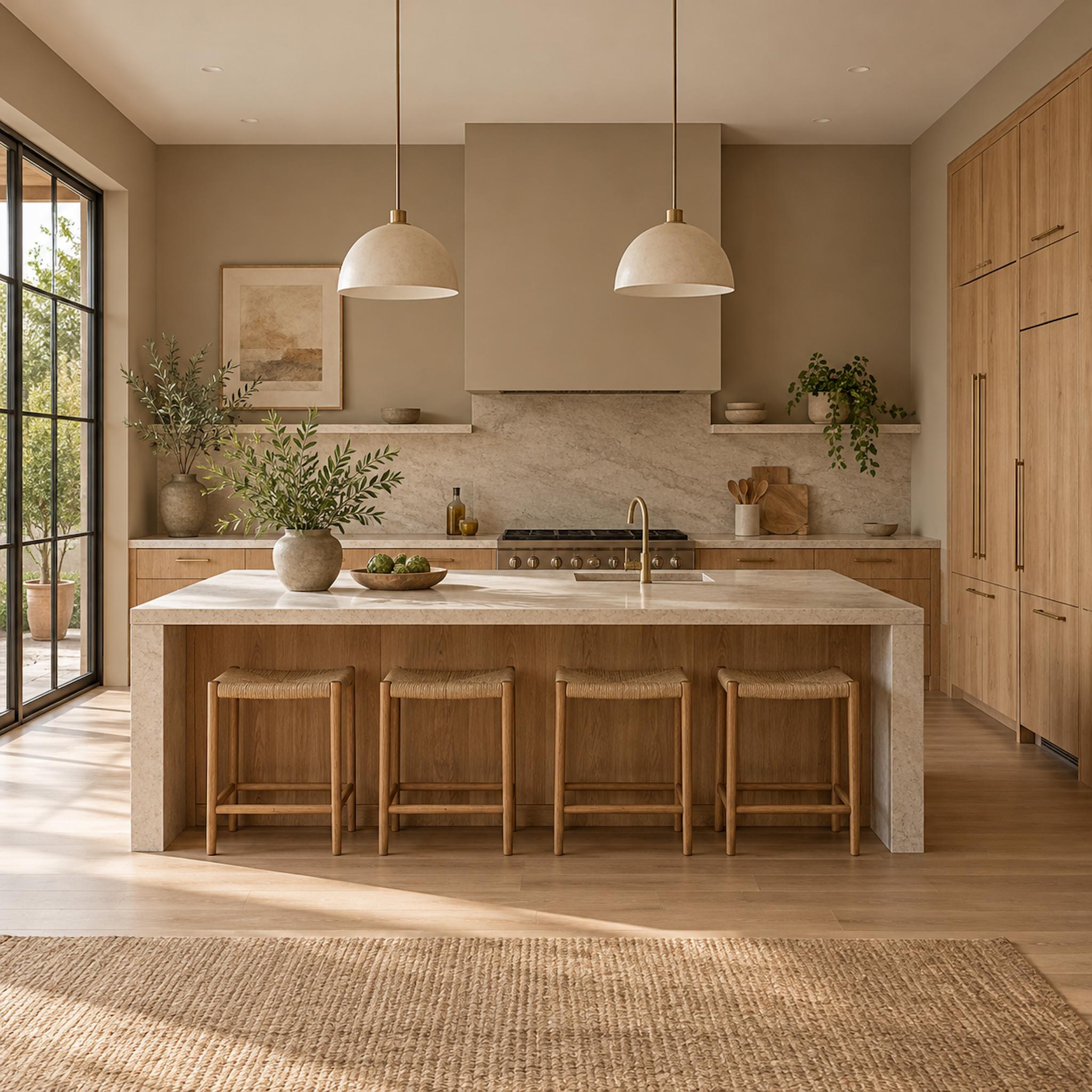 Warm mushroom wall color acting as a major vertical surface beside pale stone and natural oak cabinetry