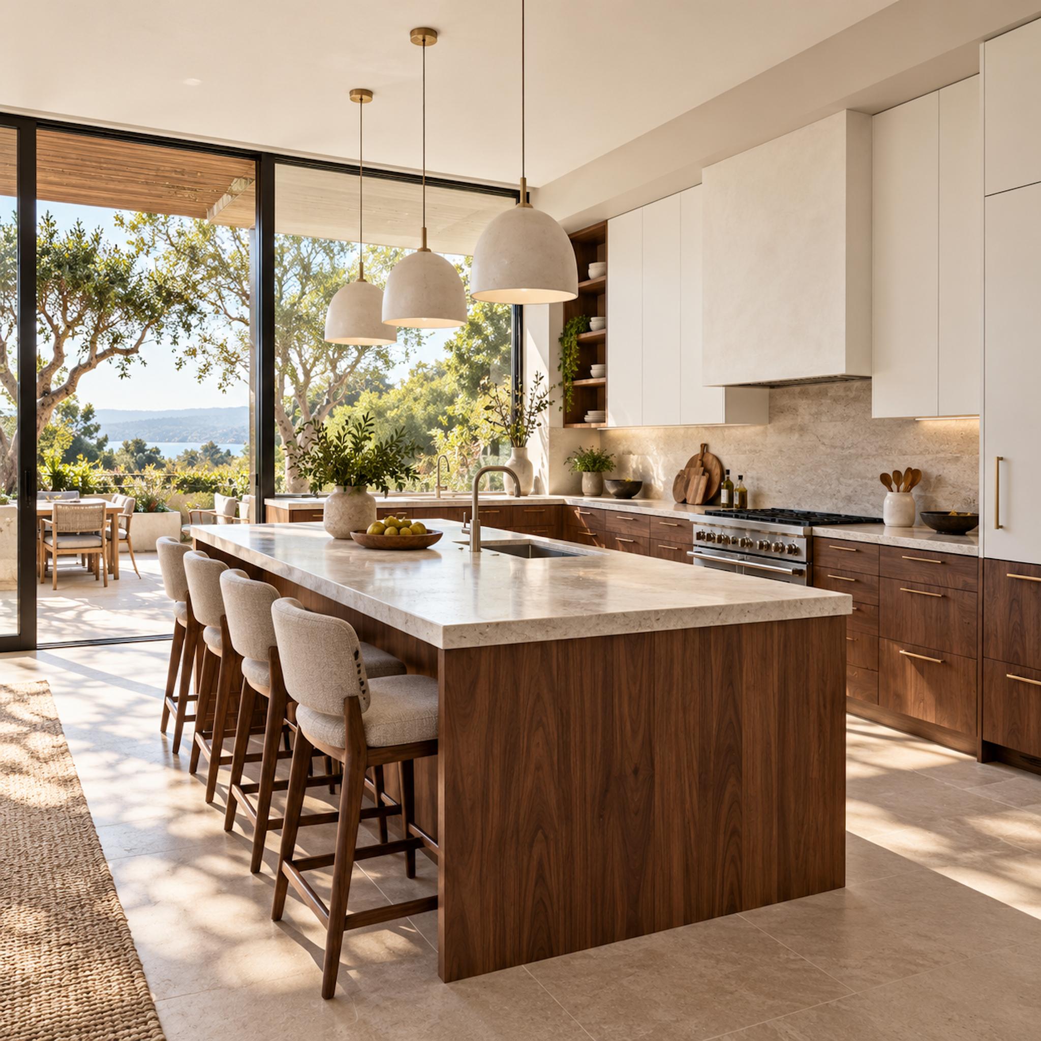 Walnut lower cabinets beneath white upper cabinets in a contemporary kitchen