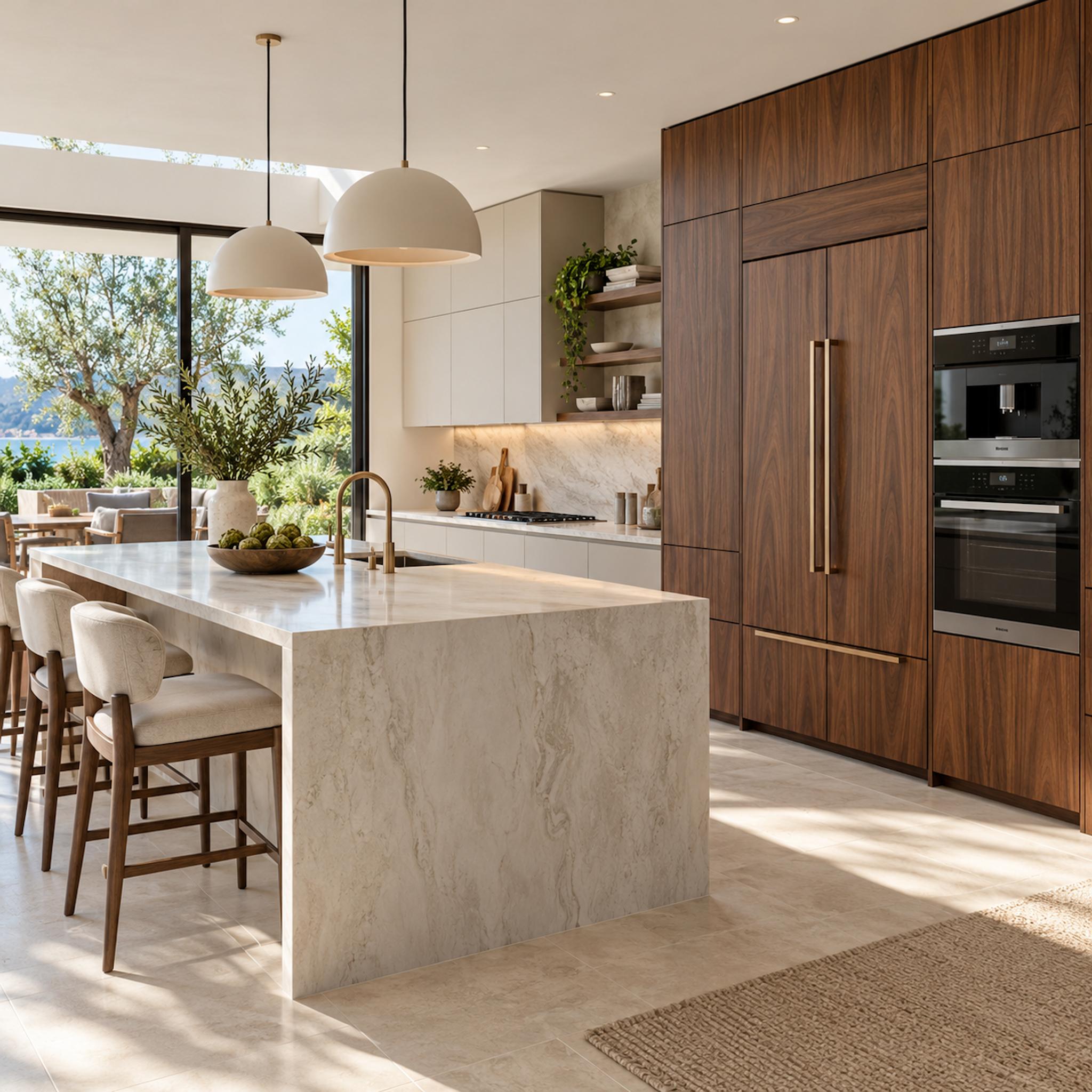 Walnut appliance wall with integrated refrigerator panels in a contemporary kitchen