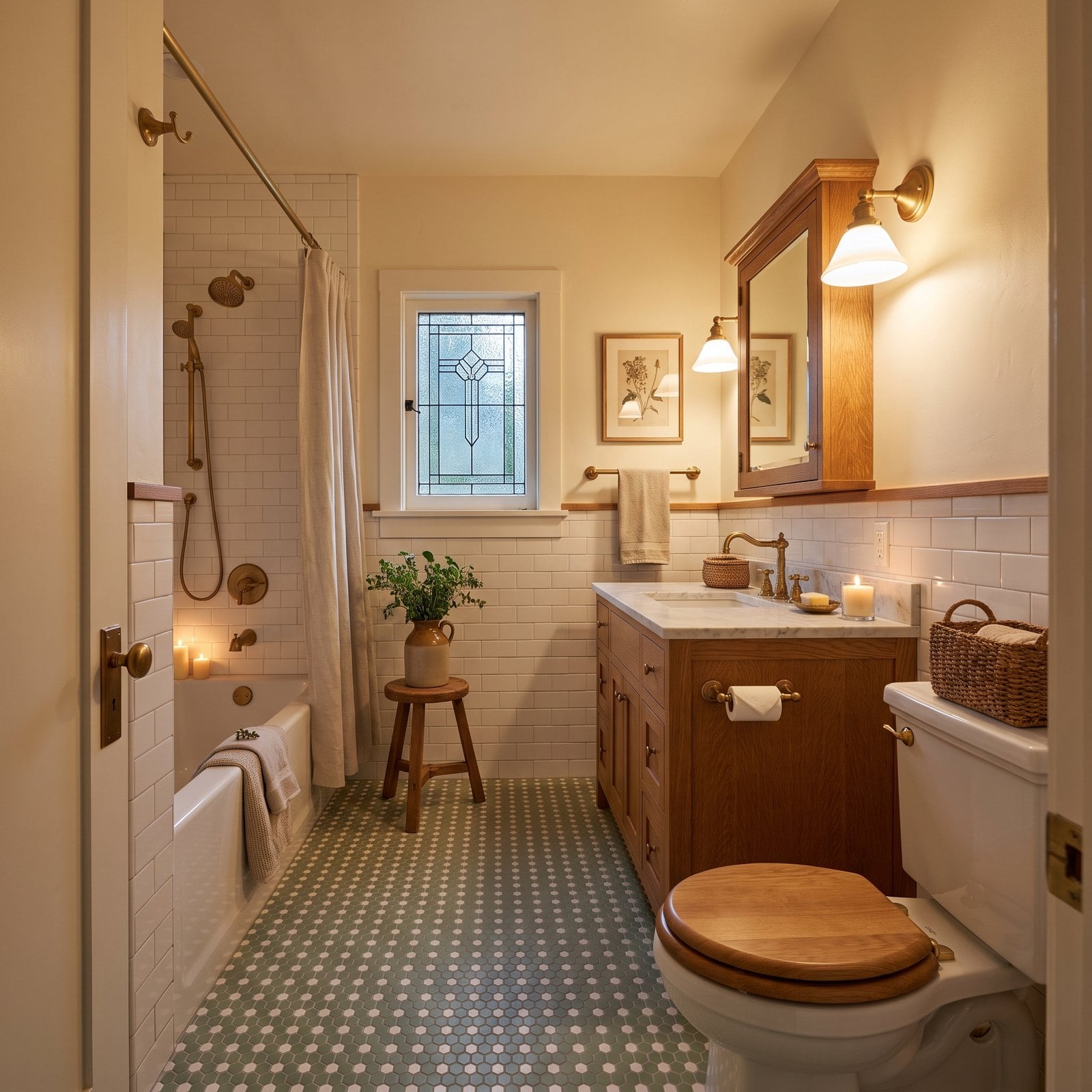 A Bungalow Bath With Sage Hex Tile and Quartersawn Oak