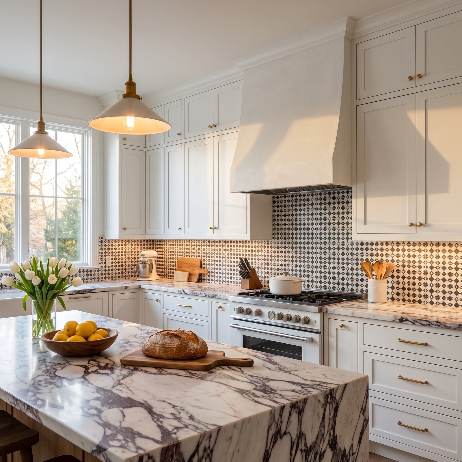 A Busy Patterned Tile Fighting a Heavily Veined Marble Counter