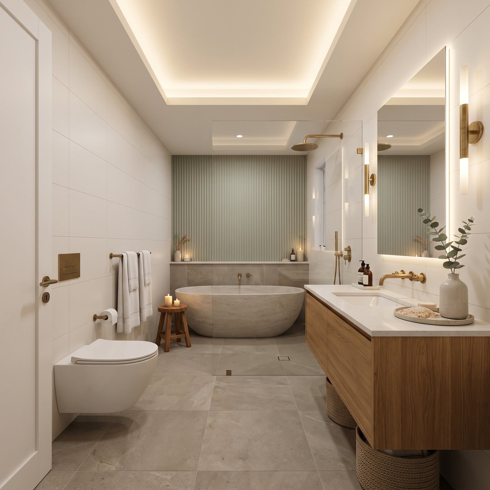 A Contemporary Spa Bath Built Around One Sage Feature Wall