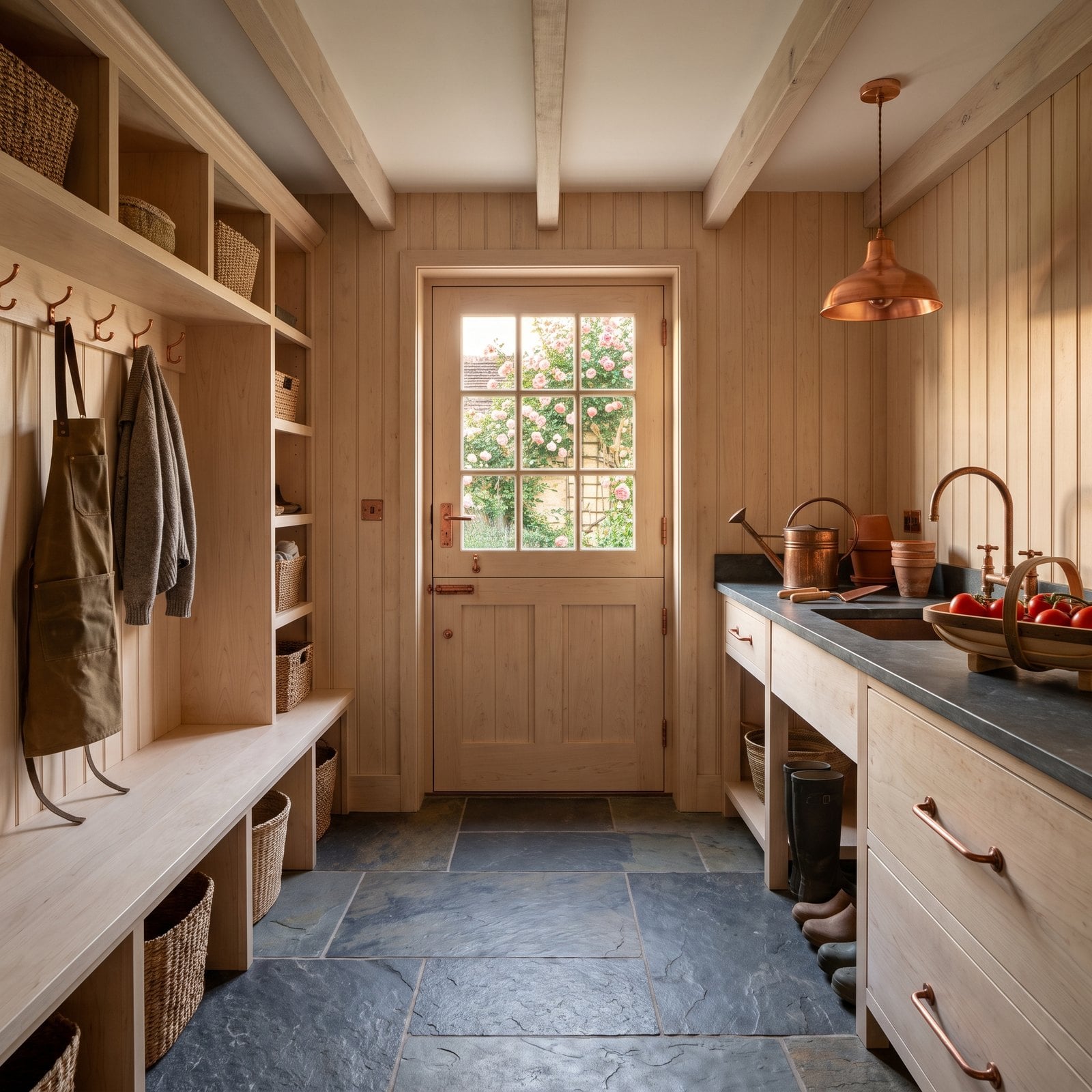 A Copper Watering Can Waits by the Garden Door of a Cottage Mudroom