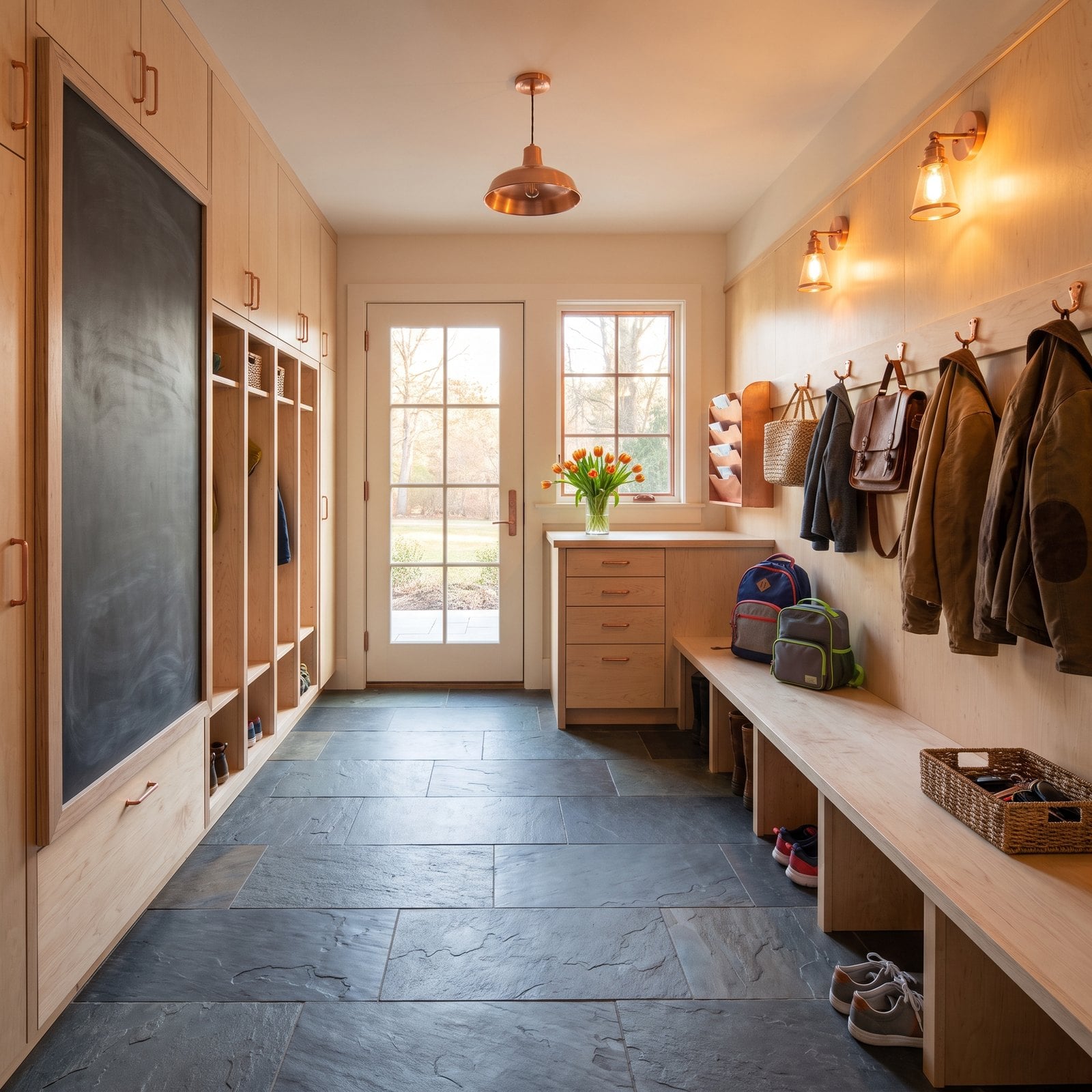A Family Drop Zone With Charging Drawers, a Slate Chalkboard and Copper Hooks