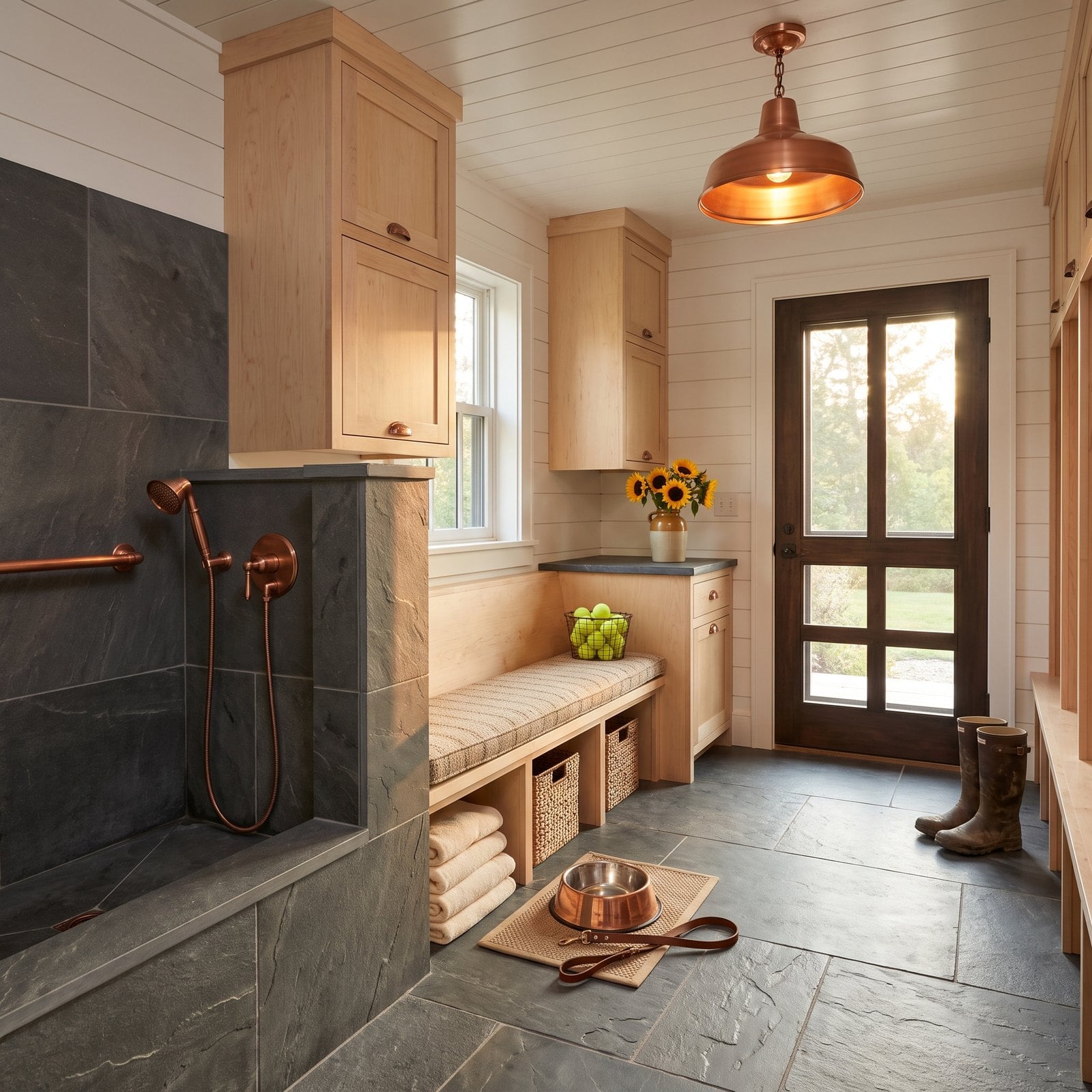 A Farmhouse Dog-Wash Station Tiled in Slate With a Copper Sprayer
