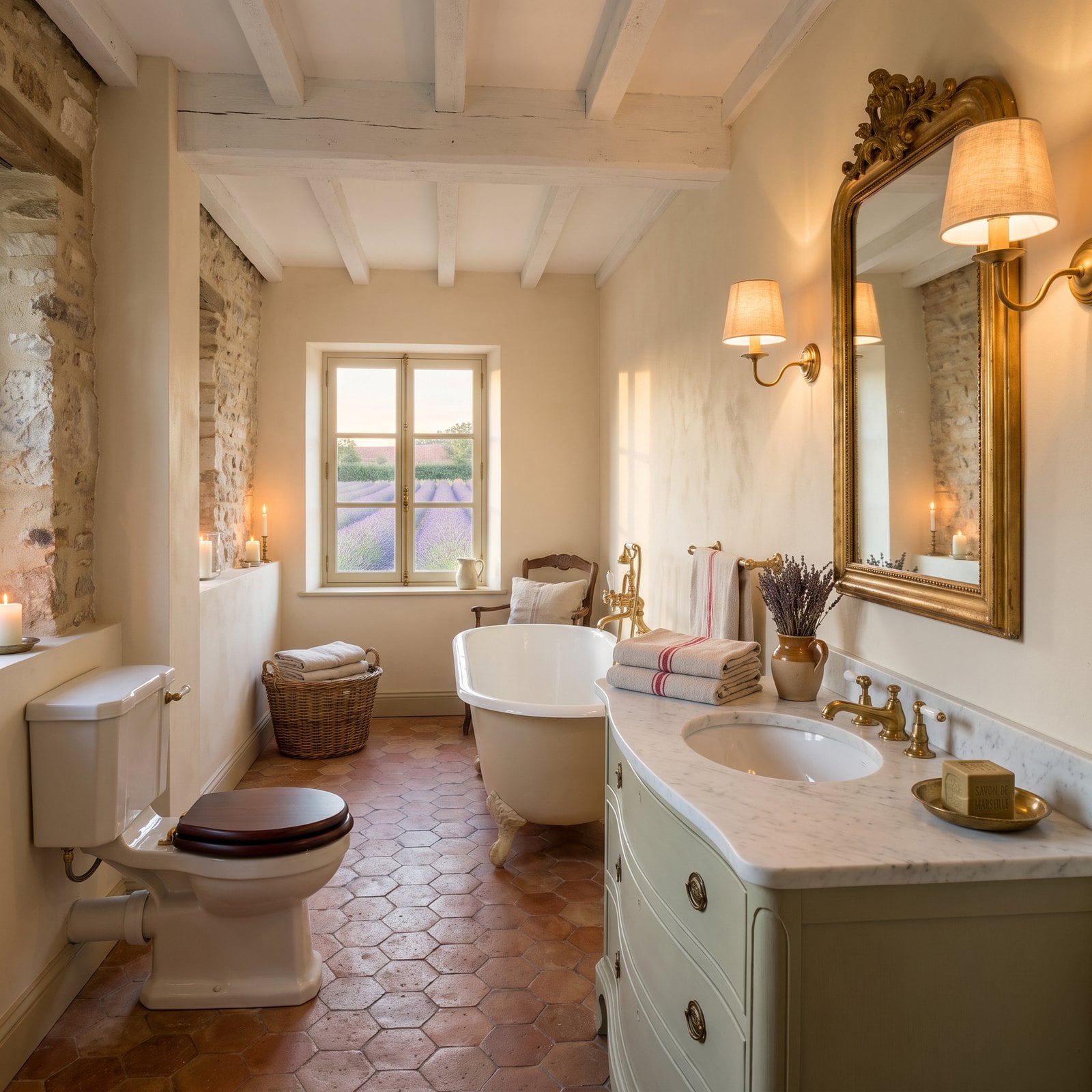 A French Country Bath Built Around a Vintage Sage Dresser