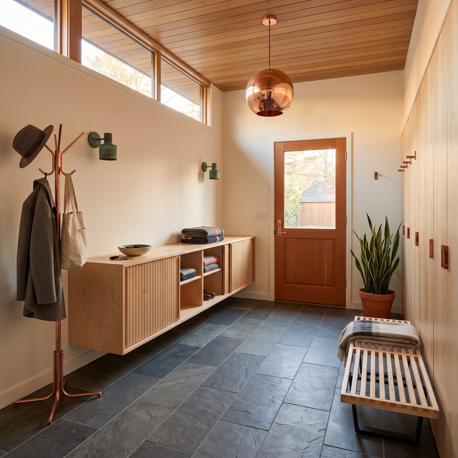 A Mid-Century Entry With Birch Cubbies and a Copper Globe Light