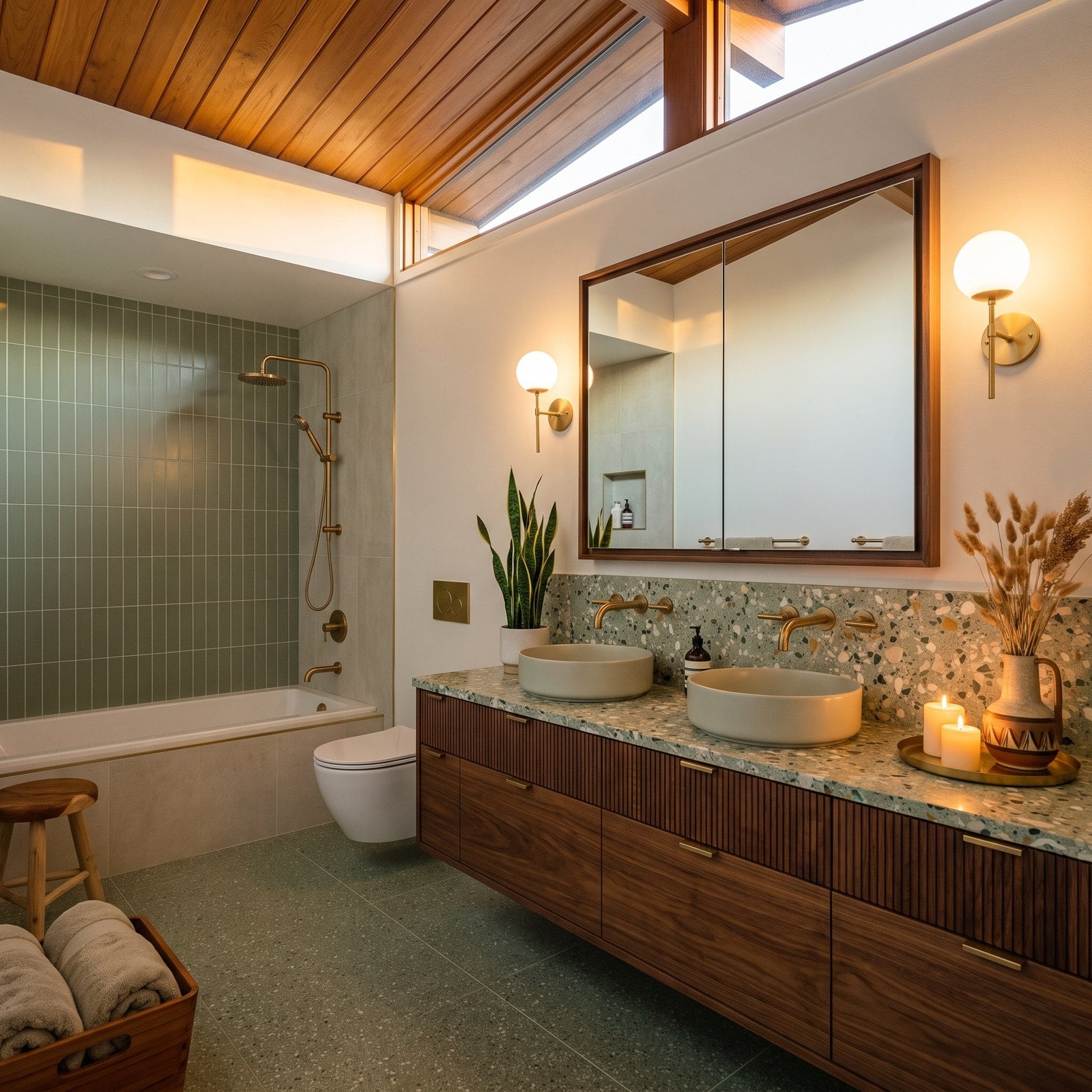 A Mid-Century Walnut Vanity on a Sage Terrazzo Floor