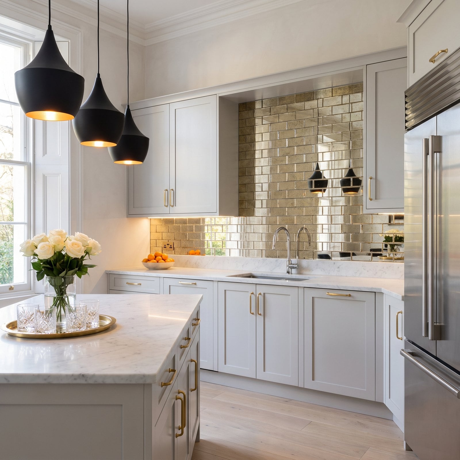 A Mirror-Tile Backsplash in a Kitchen With Three Other Metals