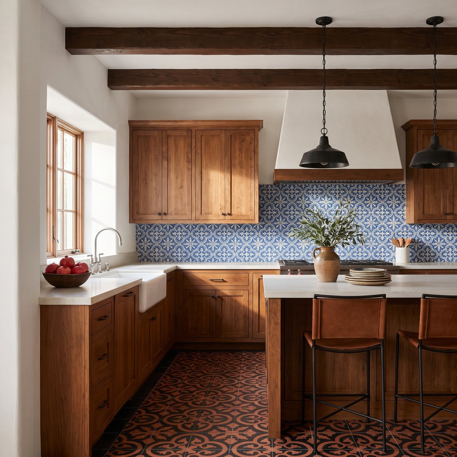 A Patterned Backsplash Above an Equally Patterned Floor