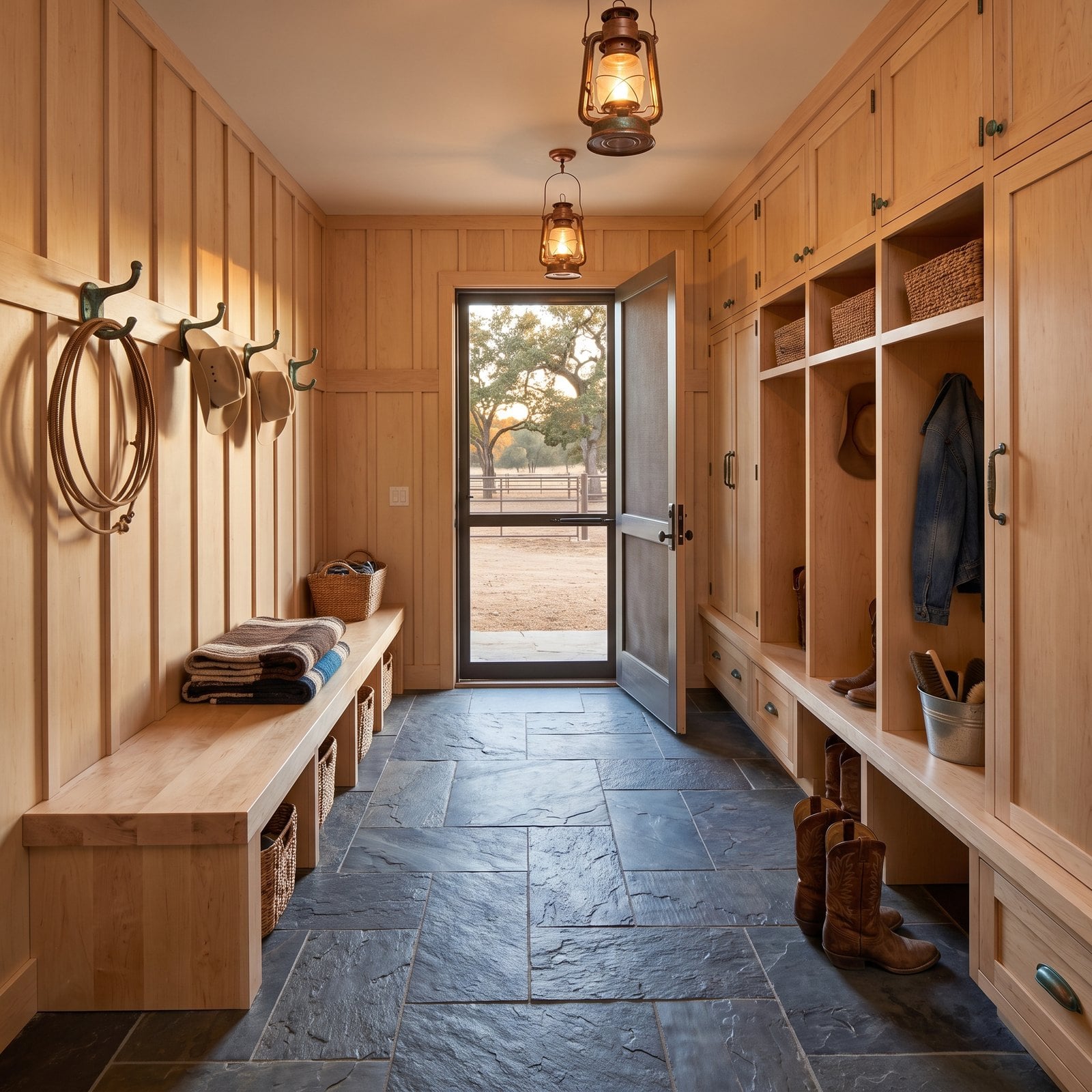 A Ranch-House Side Entry With Saddle Hooks, Birch and Slate
