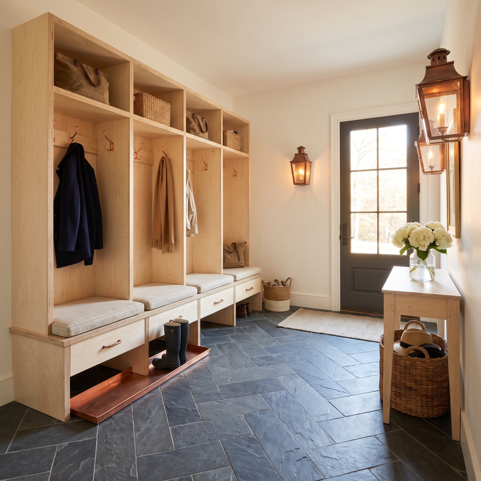 A Transitional Mudroom With Birch Lockers and a Slate Herringbone Floor