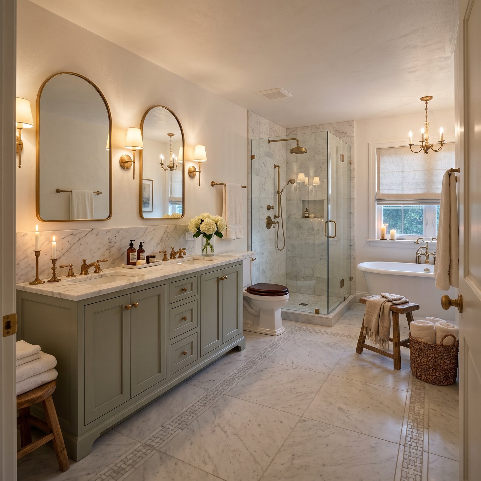 A Transitional Primary Bath Where Sage Cabinetry Meets Calacatta Marble
