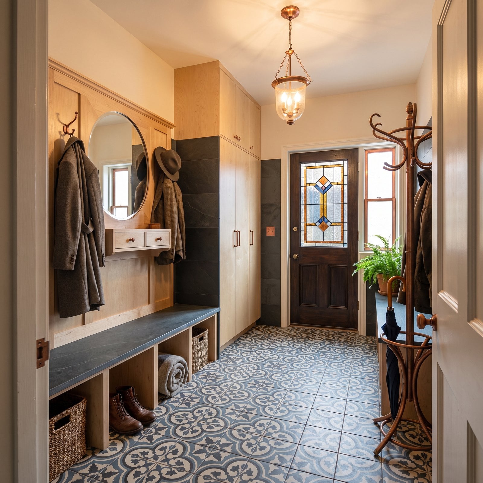 A Victorian Back Hall With Slate-Toned Encaustic Tile and a Copper Coat Stand