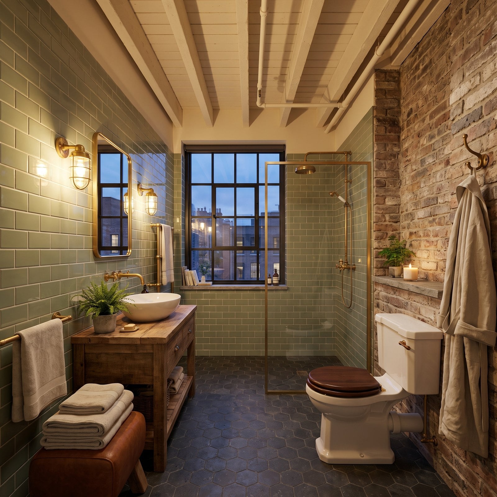 A Warehouse Bath With Sage Subway Tile and Brass Pipe Fixtures