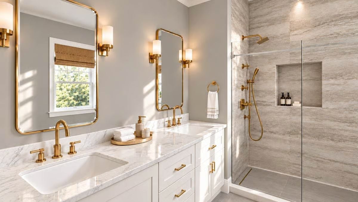 Gold Fixtures, Marble Counters, and a Shower That Pulls the Whole Room Together