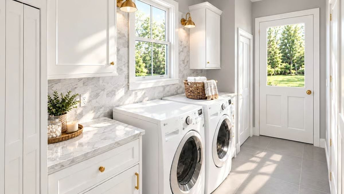 Marble Backsplash, Gold Hardware, and a Laundry Room That Doesn't Feel Like a Utility Space