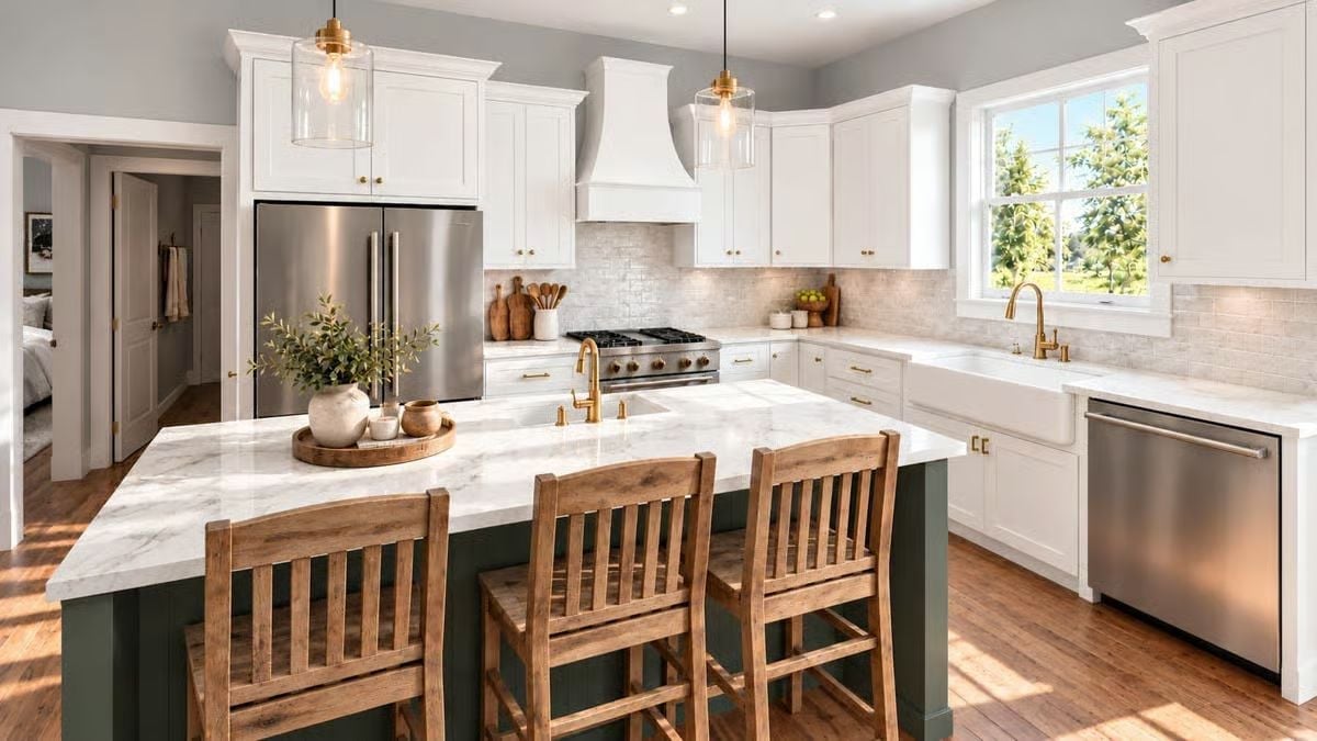 Sage Island Base, Marble Countertop, and Bar Stools That Actually Belong Here