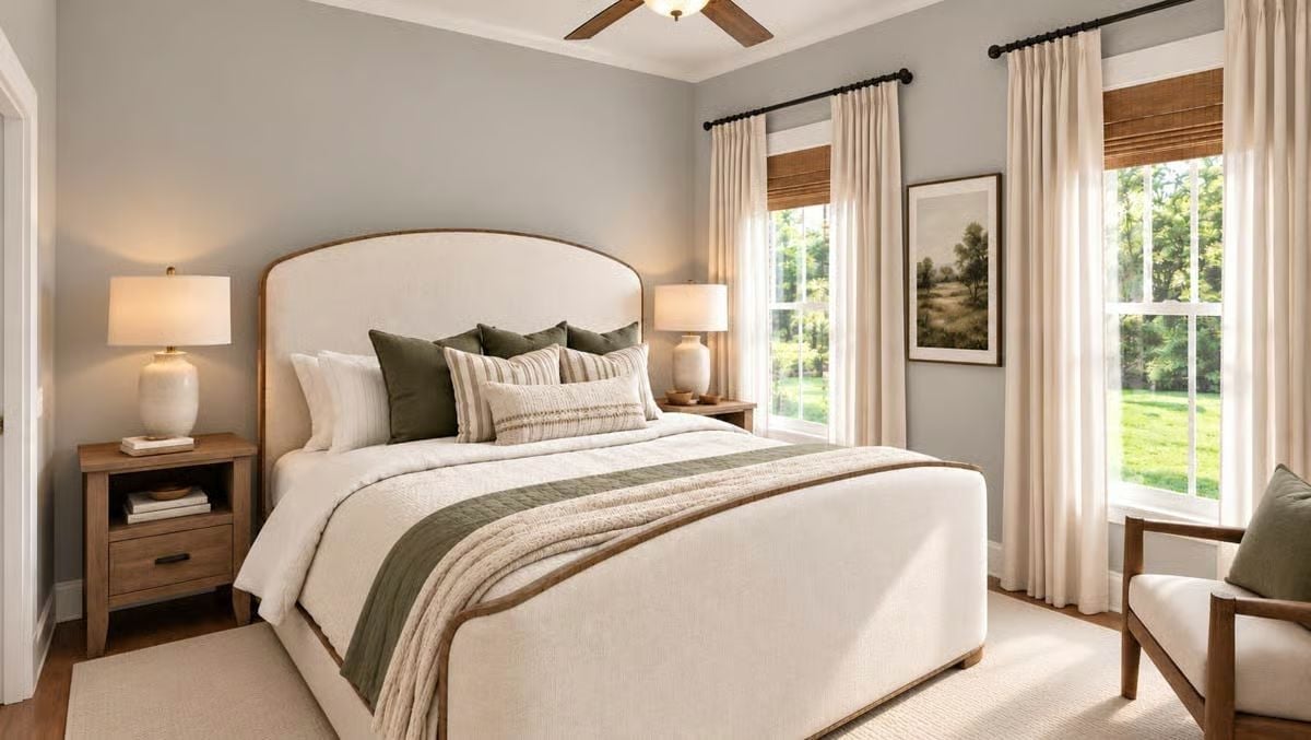 Upholstered Headboard, Olive Accents, and a View That Earns Its Wall Space