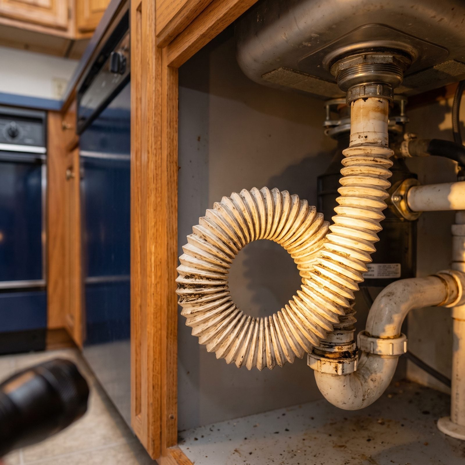 An Accordion-Style Flexible Drainpipe Beneath a Sink