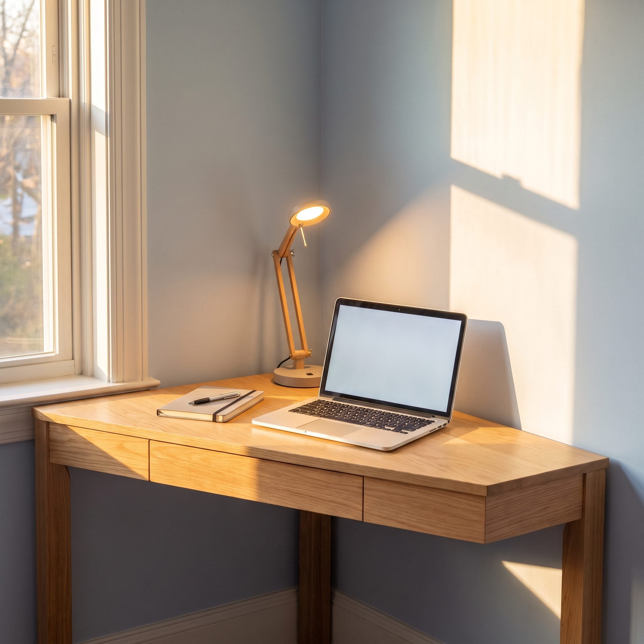 Custom wedge-shaped writing desk fitted into an acute bedroom corner beside a sapphire upholstered bed