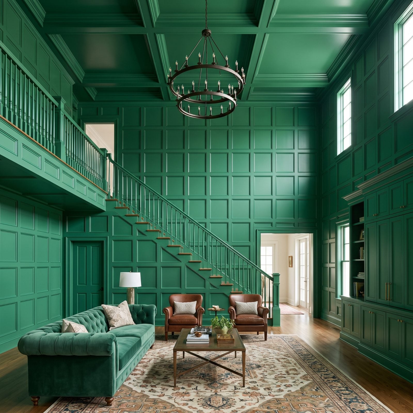Entry hall with white board-and-batten covering the walls up the stairs and through the dining nook.