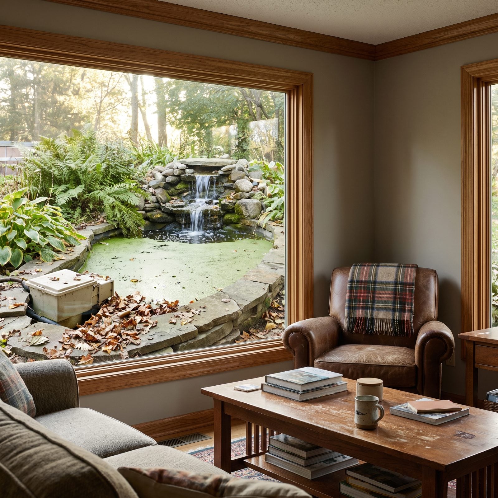Landscaped backyard with a stone koi pond and low waterfall showing a faint surface film and algae along one shaded edge.