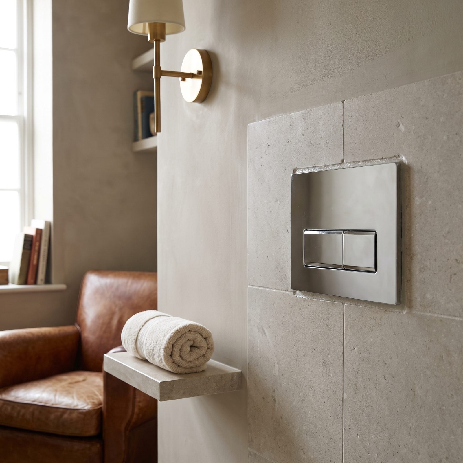 Modern powder room with a wall-hung toilet and a flush plate tiled over a concealed in-wall tank.