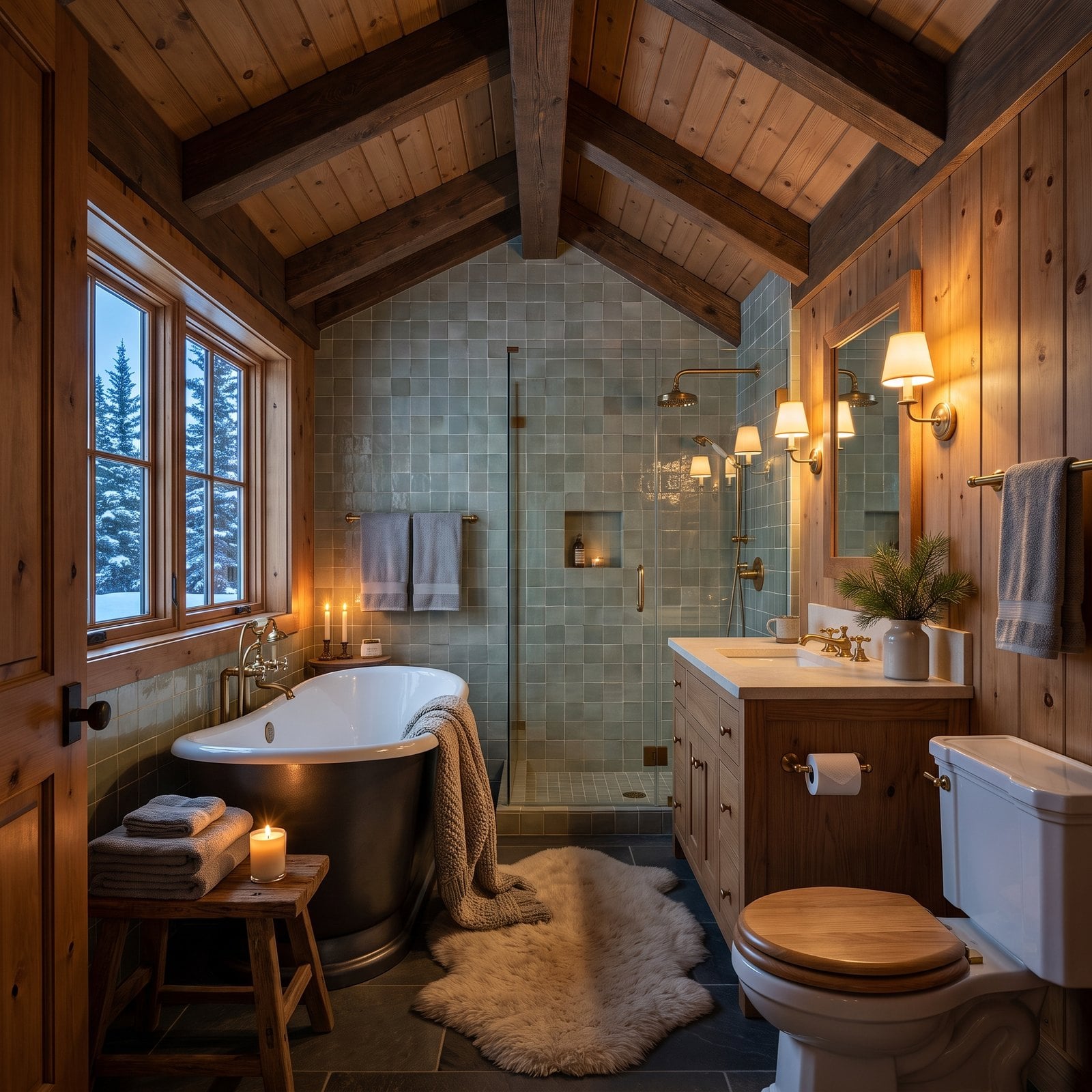 After the Slopes, a Ski Lodge Bath With Sage Tile and a Deep Soaking Tub