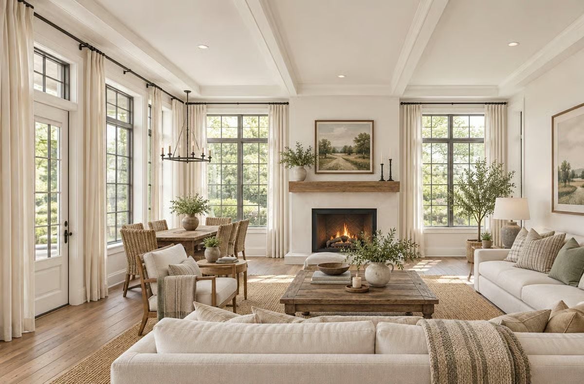 Coffered Ceilings and a Wood Mantel Shelf Set the Tone for Every Morning After