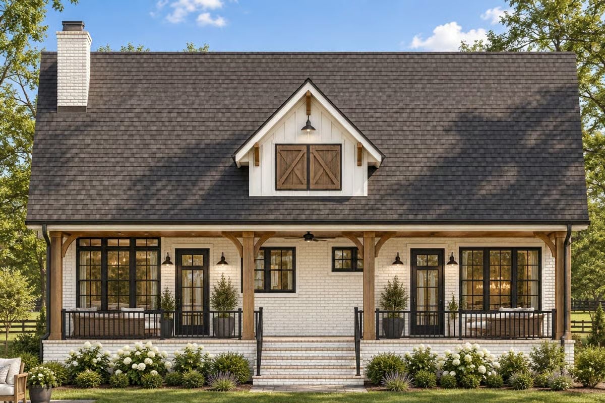 Dormer Details and Wraparound Timber Posts Signal Something Special Before You Step Inside