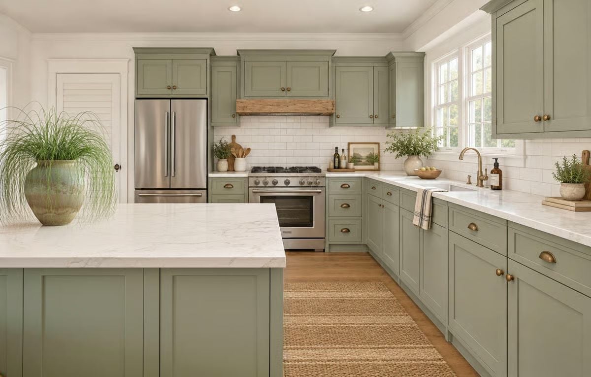 Sage Cabinets and Brass Hardware Prove Soft Color Can Still Have a Point of View