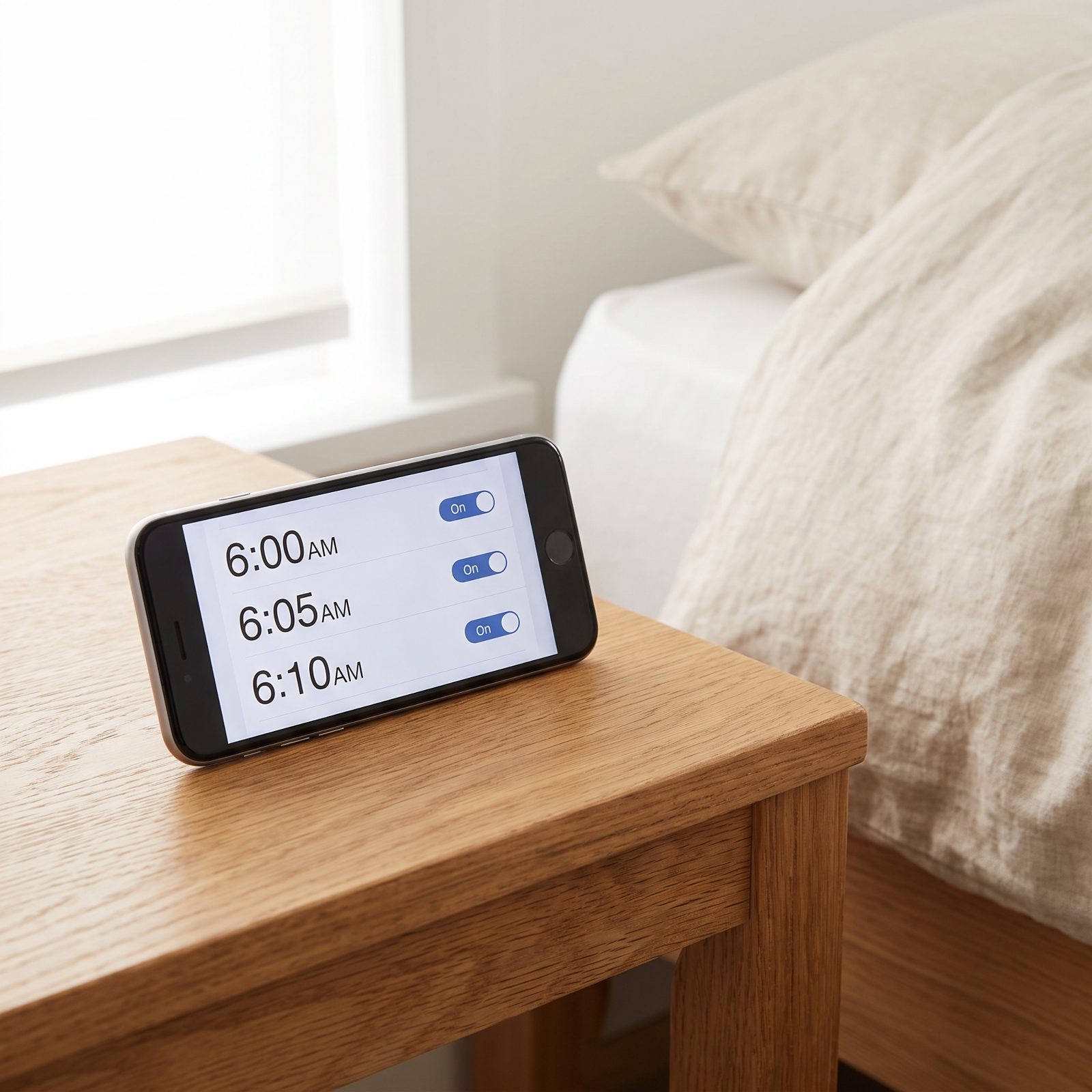 Bedroom nightstand with a propped smartphone showing an alarm, a wind-up analog clock, and a water glass beside a lamp.