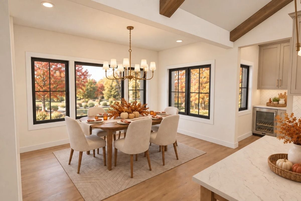 Brass Chandelier, Black Window Frames, and a Table Already Set for October