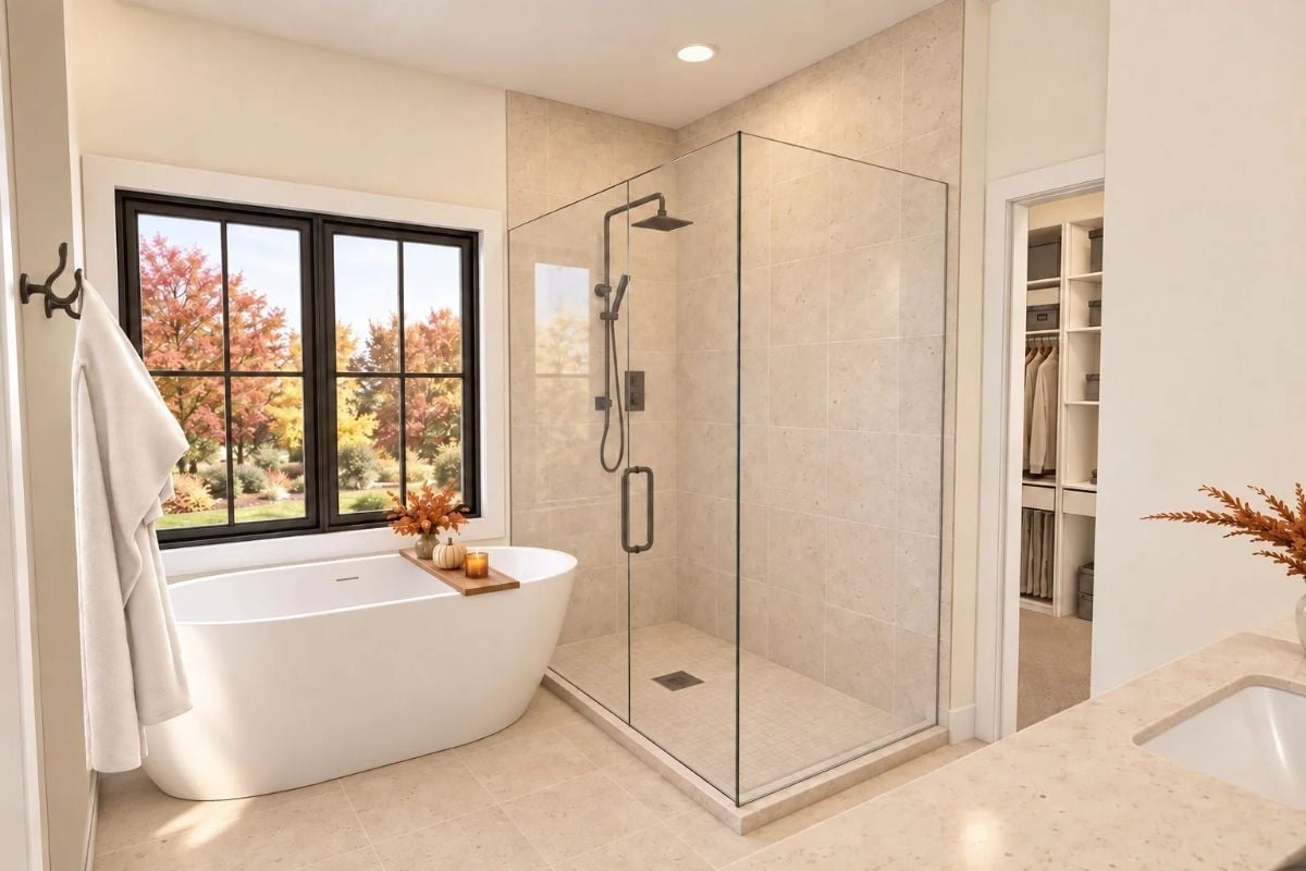 Frameless Glass, a Soaking Tub, and Fall Color Doing All the Work Outside