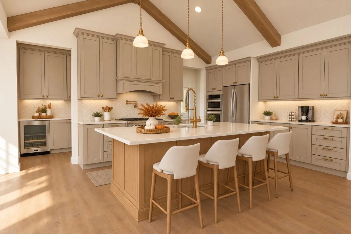 Greige Cabinets, Brass Hardware, and an Island That Earns Its Square Footage